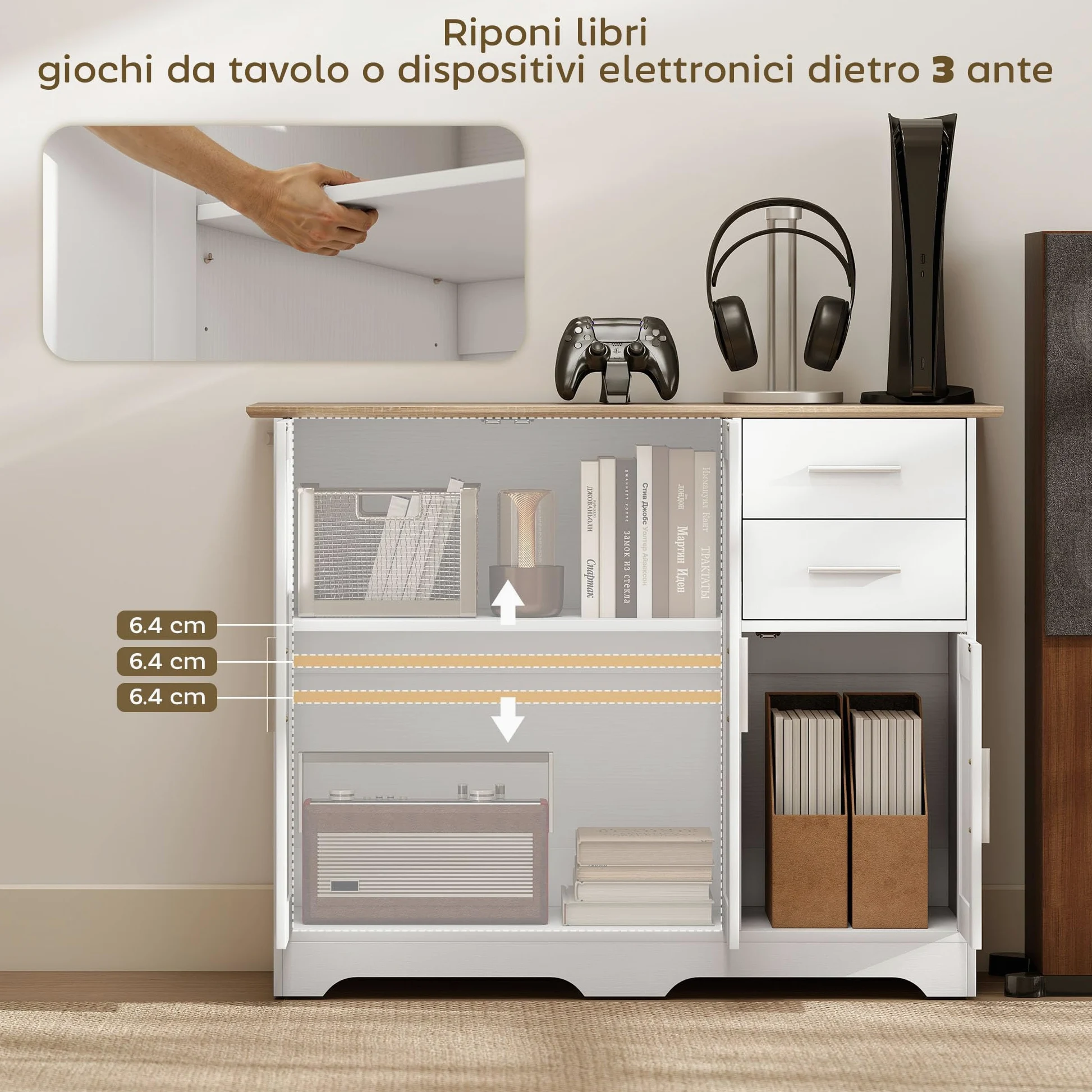HOMCOM Credenza Cucina, Mobile Cucina con 2 Cassetti e 2 Armadietti, Credenza Buffet con Ripiani Regolabili, 3 Ante, Stile Moderno, per Soggiorno, Sala da Pranzo, 100x40x78 cm, Bianco e Color Legno
