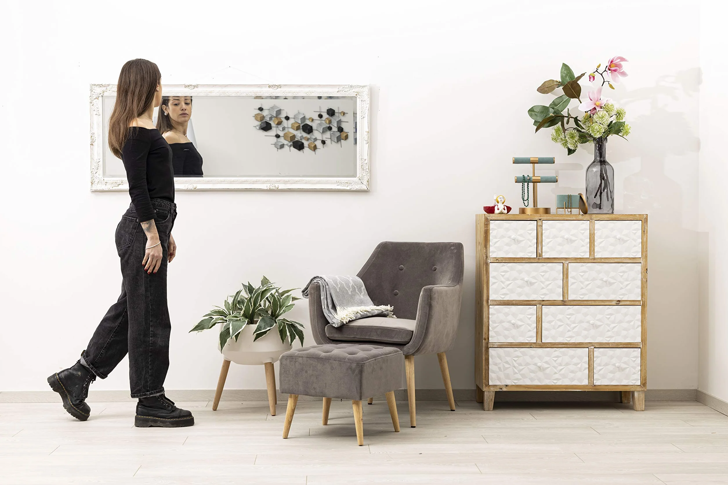 Baroni Home Specchio in Legno Bianco con Cornice Shabby, Specchiera da Parete Rettangolare per camera da letto, bagno o soggiorno, Specchio Shabby Bianco Anticato, 55x142 cm