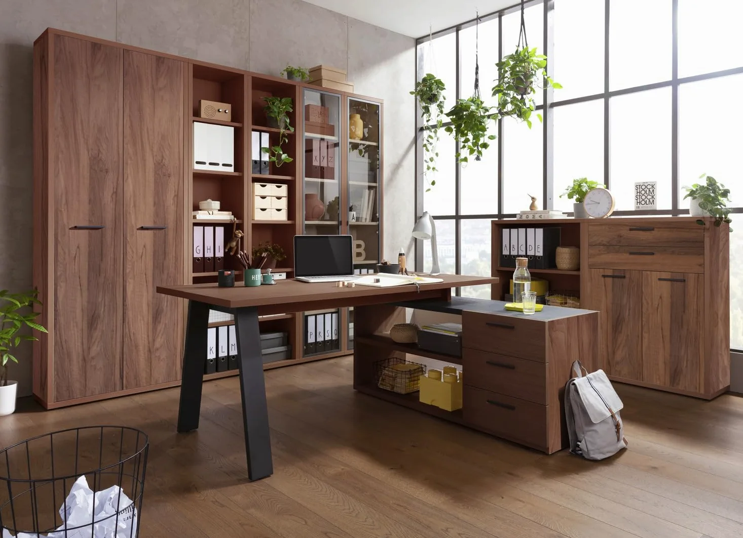 Composad | Ufficio Completo della Linea DAVINCI BRERA, Set di 8 Mobili, Libreria, Vetrina, Cassettiera, Scrivania Angolare, Mobili Ufficio, Colore Noce Brera, Made in Italy