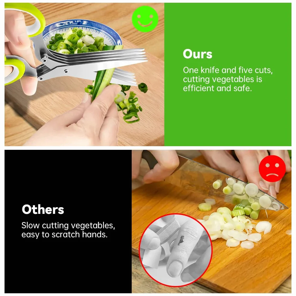 Forbici per Erbe Aromatiche, Forbici da Cucina a 5 Lame in Acciaio Inox con Manico Ergonomico, Forbici da Cucina con Pettine Pulizia per Tritare Basilico, Erba Cipollina, Origano, Rosmarino
