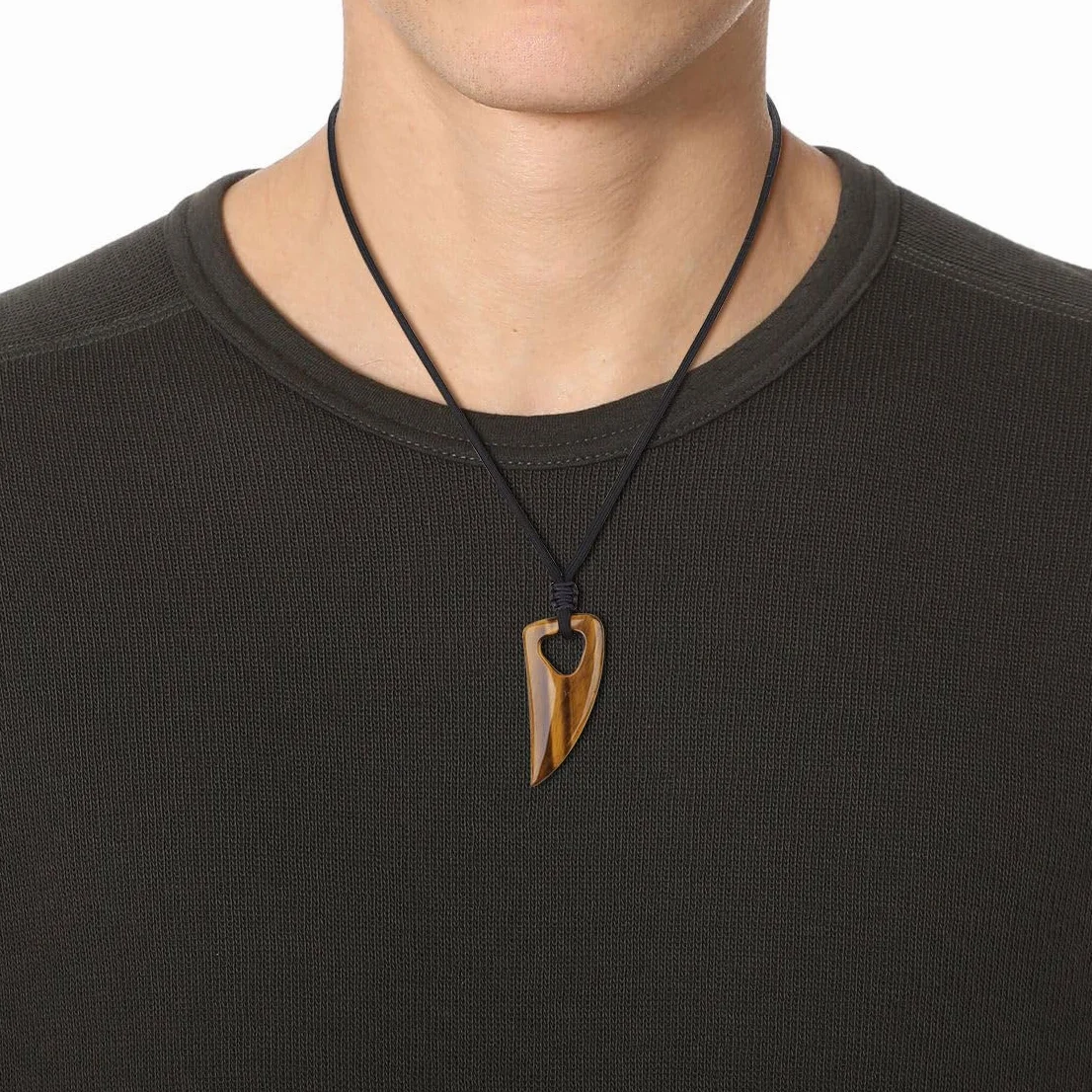 Pendente Dente di Lupo Stilizzato in Pietre Naturali, Collana Unisex con Laccio Regolabile, Occhio di Tigre, Ossidiana