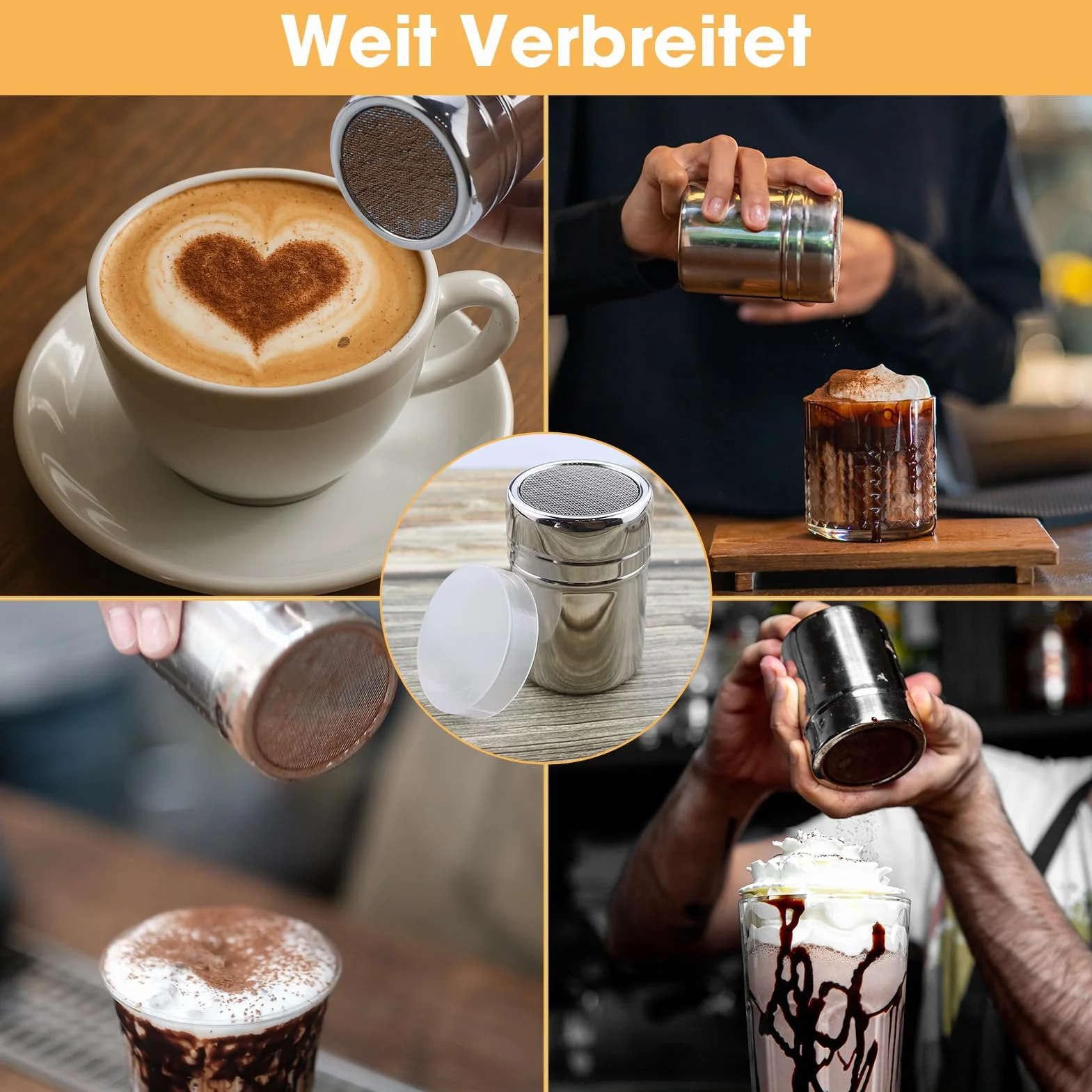 2spargitore in acciaio inox, coperchio macina zucchero, per cappuccino, polvere, colino zucchero, 16 stampi rilievo, cucchiaio dosatore