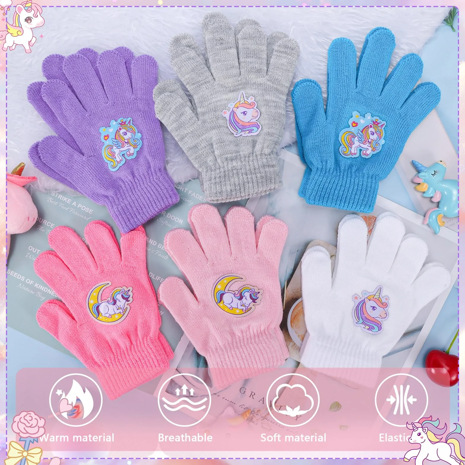 Guanti Unicorno per Bambini QKURT Magici Lavorati a Maglia 4-12 Anni