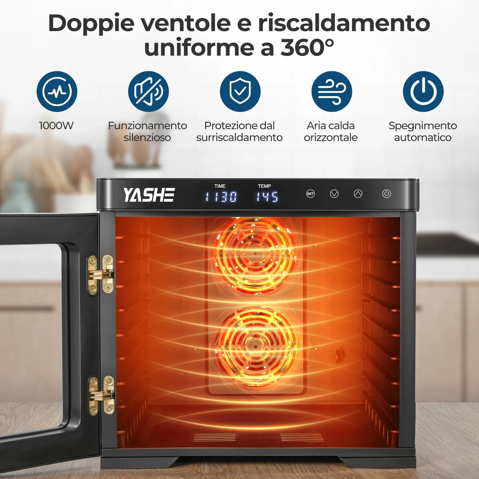 Essiccatore Alimentare in Acciaio Inox, Regolazione Precisa della Temperatura (35-75°C), Timer di 48 Ore, 9 Vassoi in Acciaio Inox, 2 Setacci in Rete, 1 Vassoio per Rotoli di Frutta, 1000W