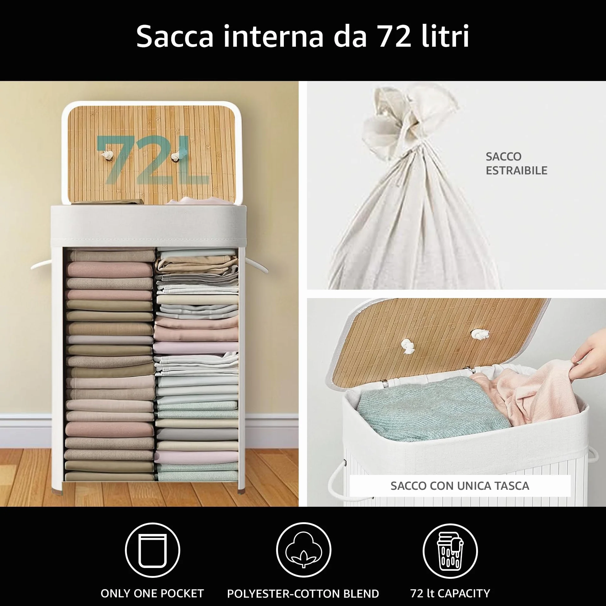 Comart - Portabiancheria Bamboo - 72 L - 1 Scomparto - Cesto Salvaspazio - Pieghevole - con Coperchio e Maniglie - Fodera Interna Rimovibile - Porta Panni e Bucato - per Lavanderia e Bagno - Bianco