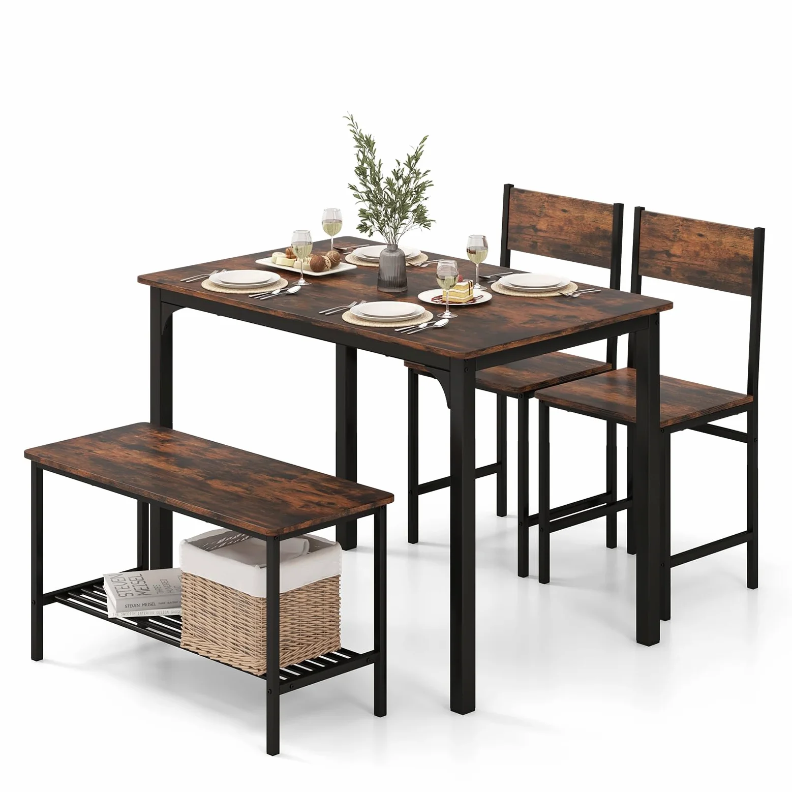 RELAX4LIFE Set Tavolo e Sedie da Cucina con Tavolo da P ranzo, Panca e 2 Sedie, 4 Posti, in Design Industriale gruppo sedute con Ripiano in MDF e Struttura in Metallo (marrone rustico)