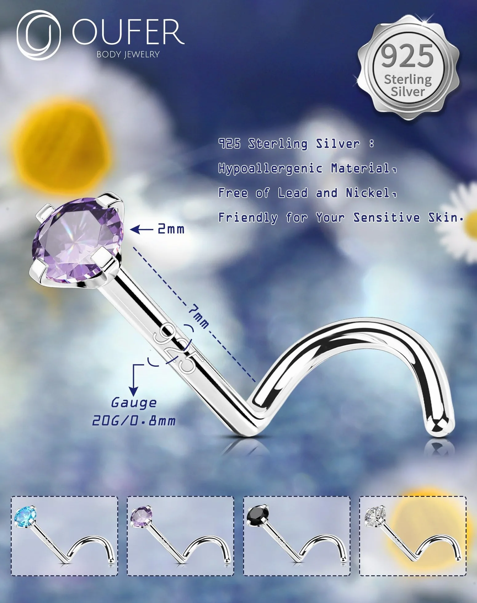 OUFER Piercing Naso Argento 925 Anello Naso 7mm Nose Ring CZ Viola/Blu/Nero Nostril