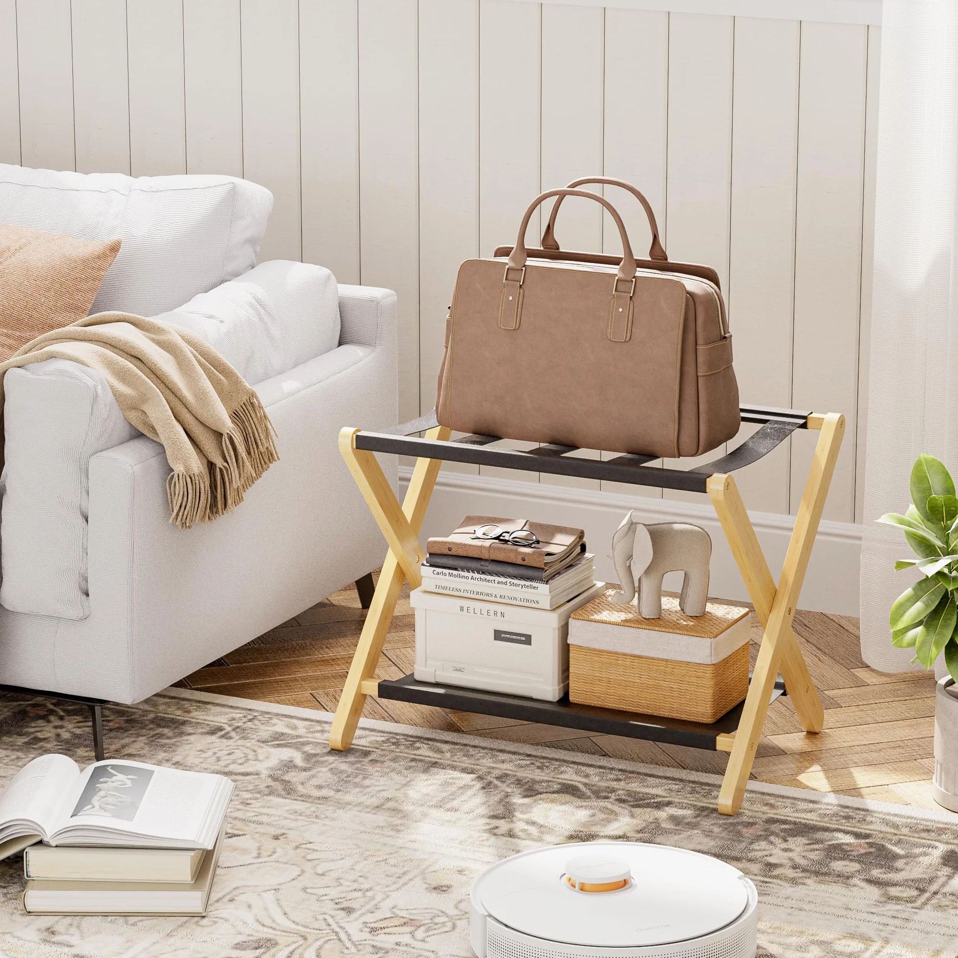 Portapacchi pieghevole in bambù premium set di 2 portavaligie con ripiano Naturale
