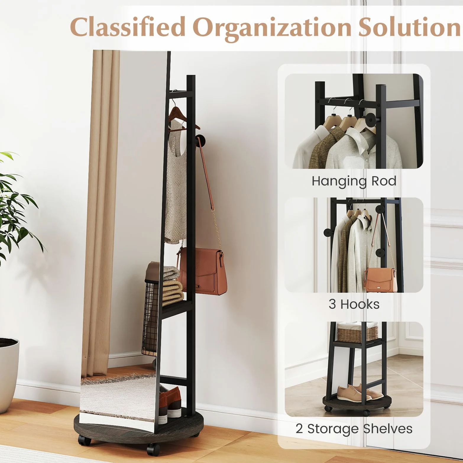 GIANTEX Specchio a figura intera, specchio da terra con appendiabiti, 45 x 135 cm, grande specchio con vetro infrangibile, ganci, ripiani, ruote, per ingresso, soggiorno, camera da letto (nero+noce)