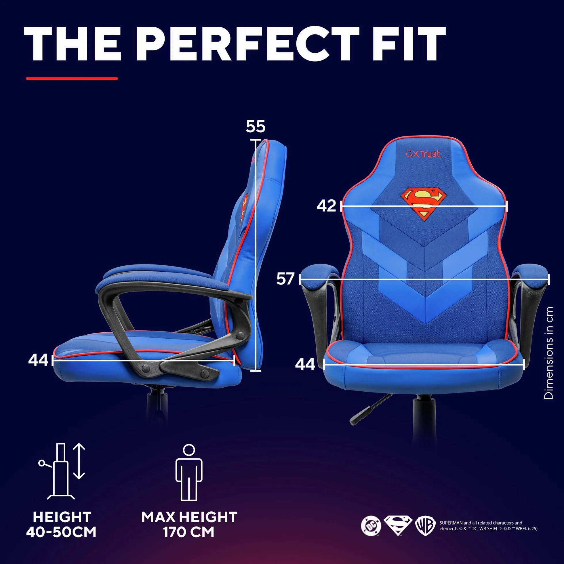GXTrust 703SM Revvo Sedia Gaming con Licenza Superman per Bambini 4-12 Anni, Sedia da Gaming in Tessuto Regolabile in Altezza, Bracciolo Imbottito, Console di Gioco Supereroe Videogiochi, Blu