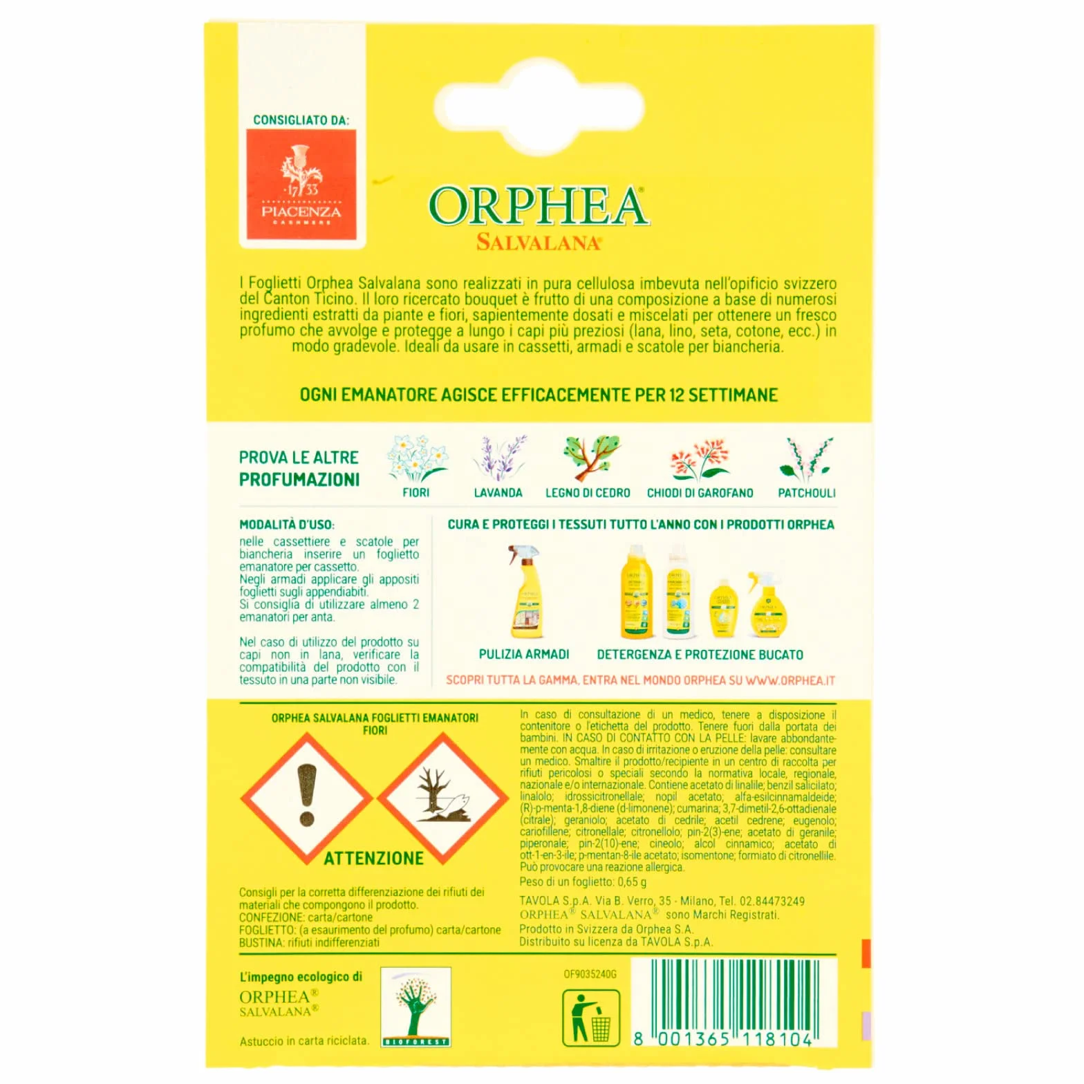 Orphea Salvalana Foglietti per Cassetti e Armadi Protegge Lana e Fibre Naturali Profumo di Fiori 144 Foglietti