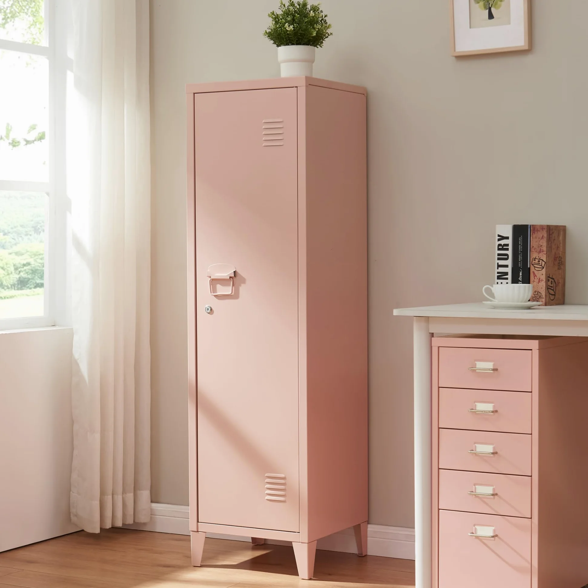[en.casa] Armadio da Ufficio con Anta e Serratura Mobile in Acciaio per Archivio con 3 Scomparti Armadio da Spogliatoio 137 x 38 x 38 cm Beige Pesca