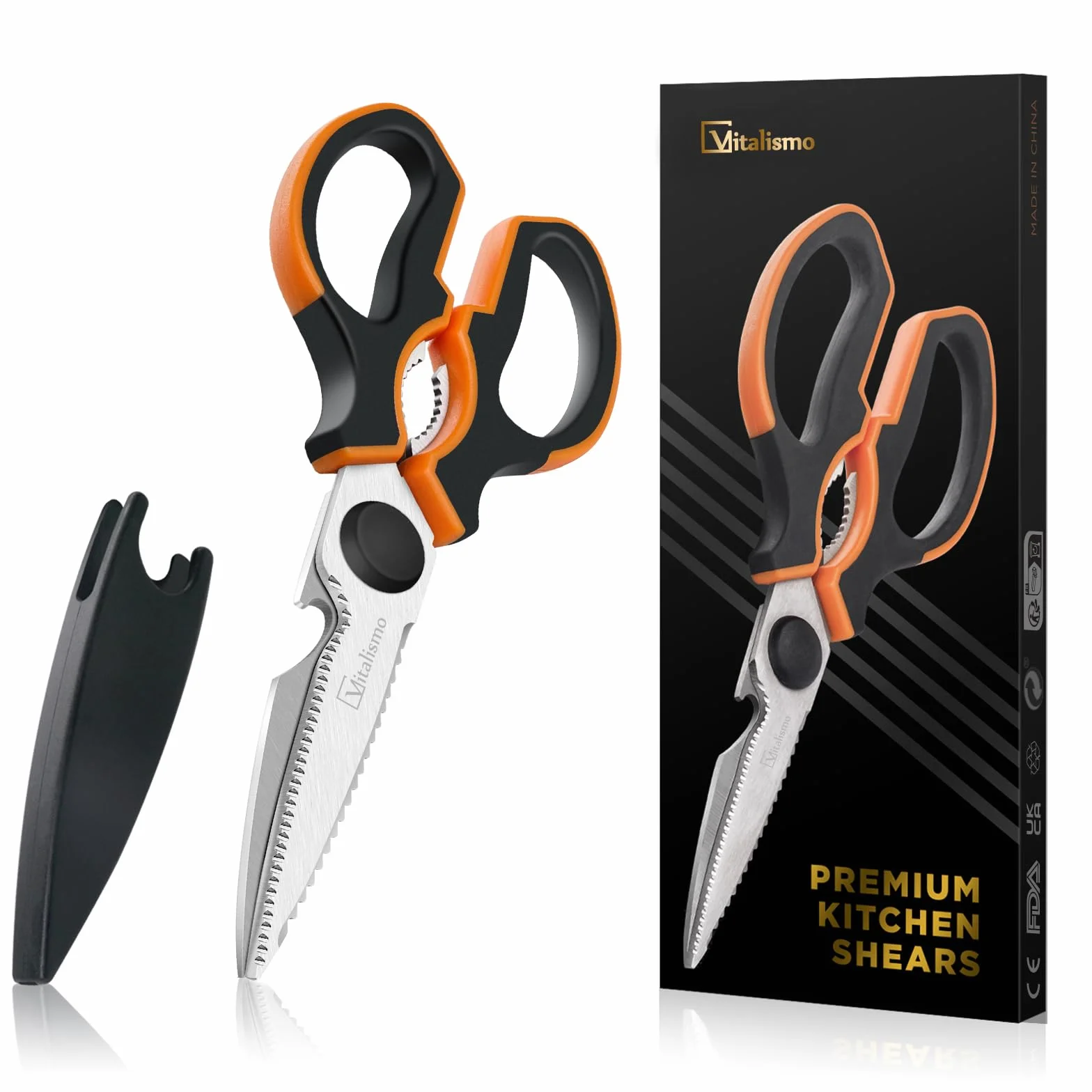Vitalismo Forbici da Cucina Professionali Multiuso - Forbici Cucina Acciaio Inox Forti con Apribottiglie Lama Affilata Coprilama Manico Antiscivolo per Carne Pollo Pollame Pizza Griglia Osso Noci