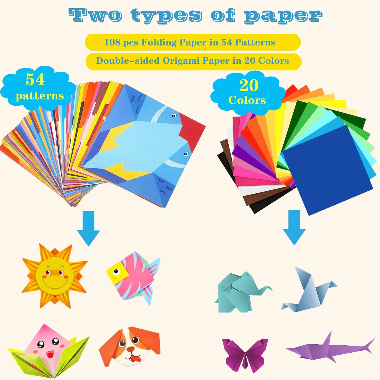 Kit origami 208 fogli 54 motivi 15x15 cm istruzioni libro bambini regalo