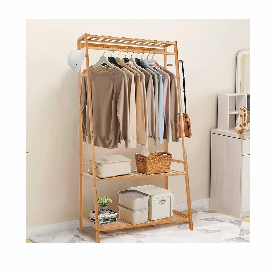 Stand Appendiabiti in legno da Terra Guardaroba Armadio Aperto in Bambù per Camera da Letto con Scarpiera