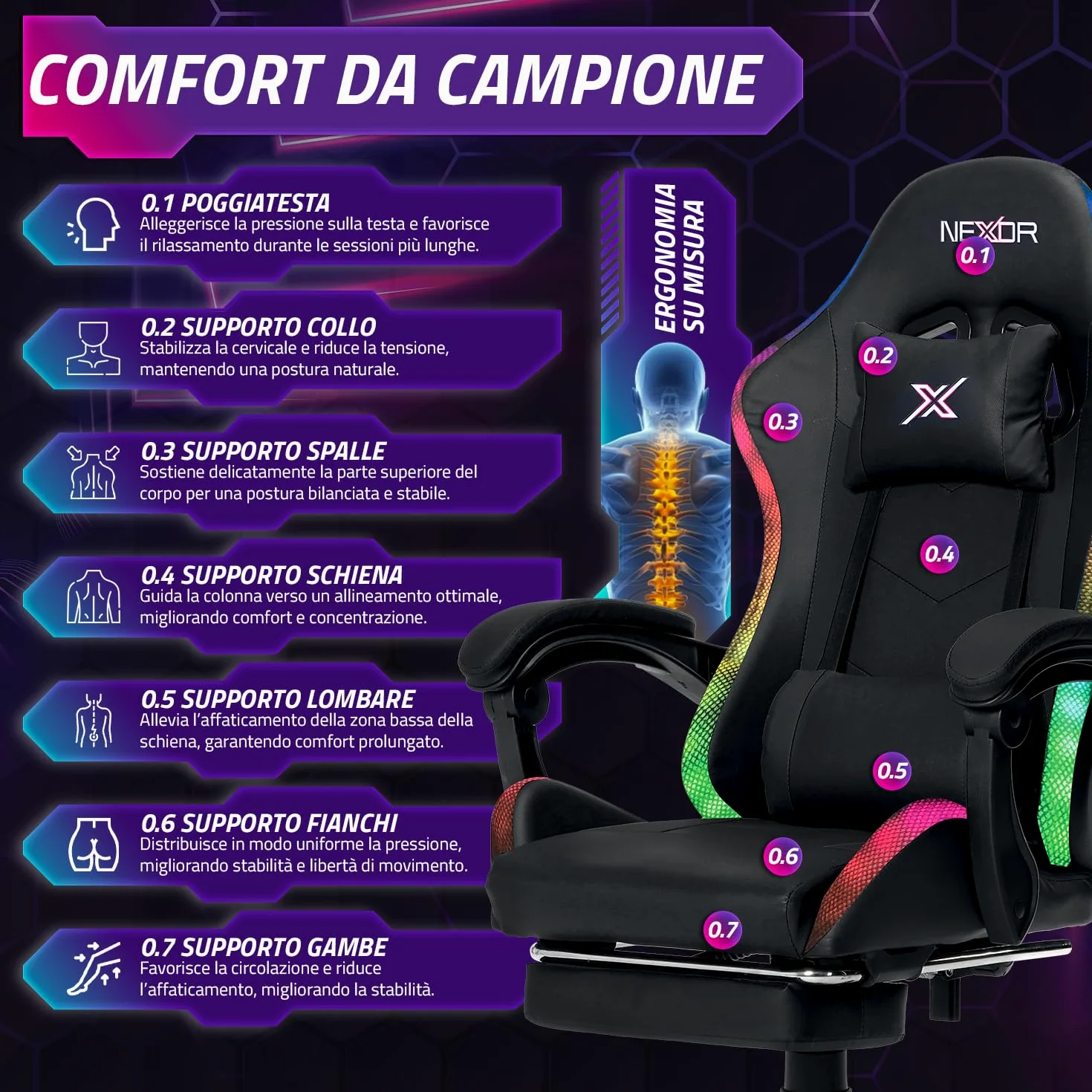 Wintem – – Sedia Gaming con Poggiapiedi Estraibile, Doppio Cuscino e Luci LED RGB USB per Comfort Totale e Design Futuristico Ideale per Gioco, Studio e Ufficio