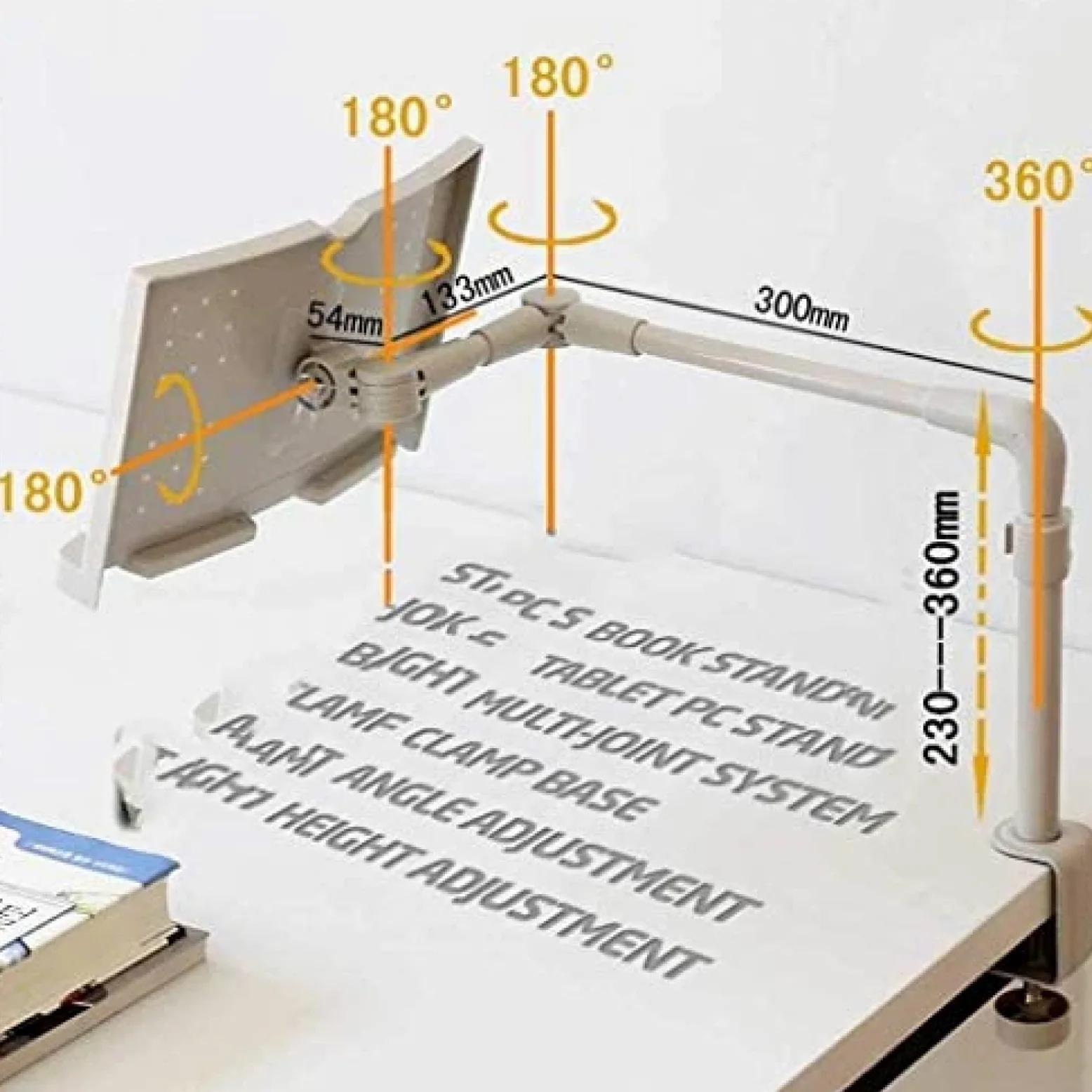 Supporto per Libri Supporto per Libri con Angolo e Lunghezza Regolabili, ruotabile a 360 Gradi - Leggio per Libri di Cucina, Cartella per Libri da Tavolo con Supporto per spartiti con Clip