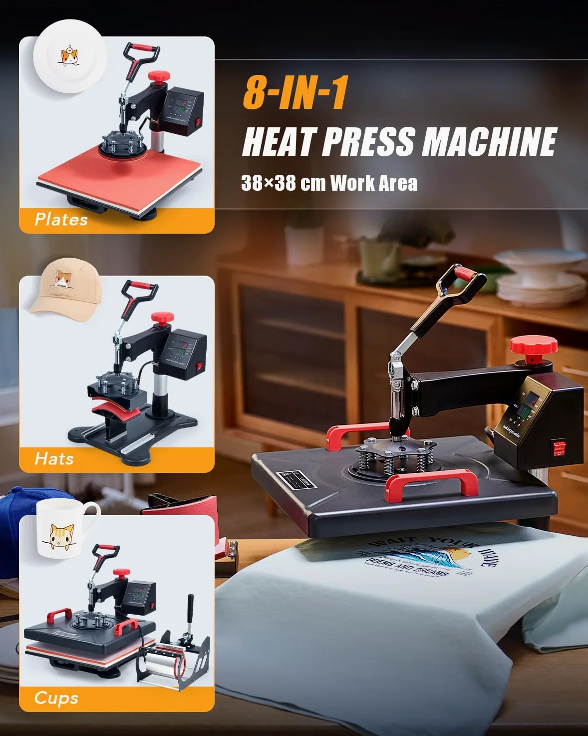 CREWORKS 8 IN1 Pressa a Caldo 38 X 38CM Pressa di Calore 1400W Macchina Sublimazione Digitale Girevole a 360 Gradi con Controllo Digitale Termopressa per Magliette, Cappelli, Borse, Piatto, Tazza