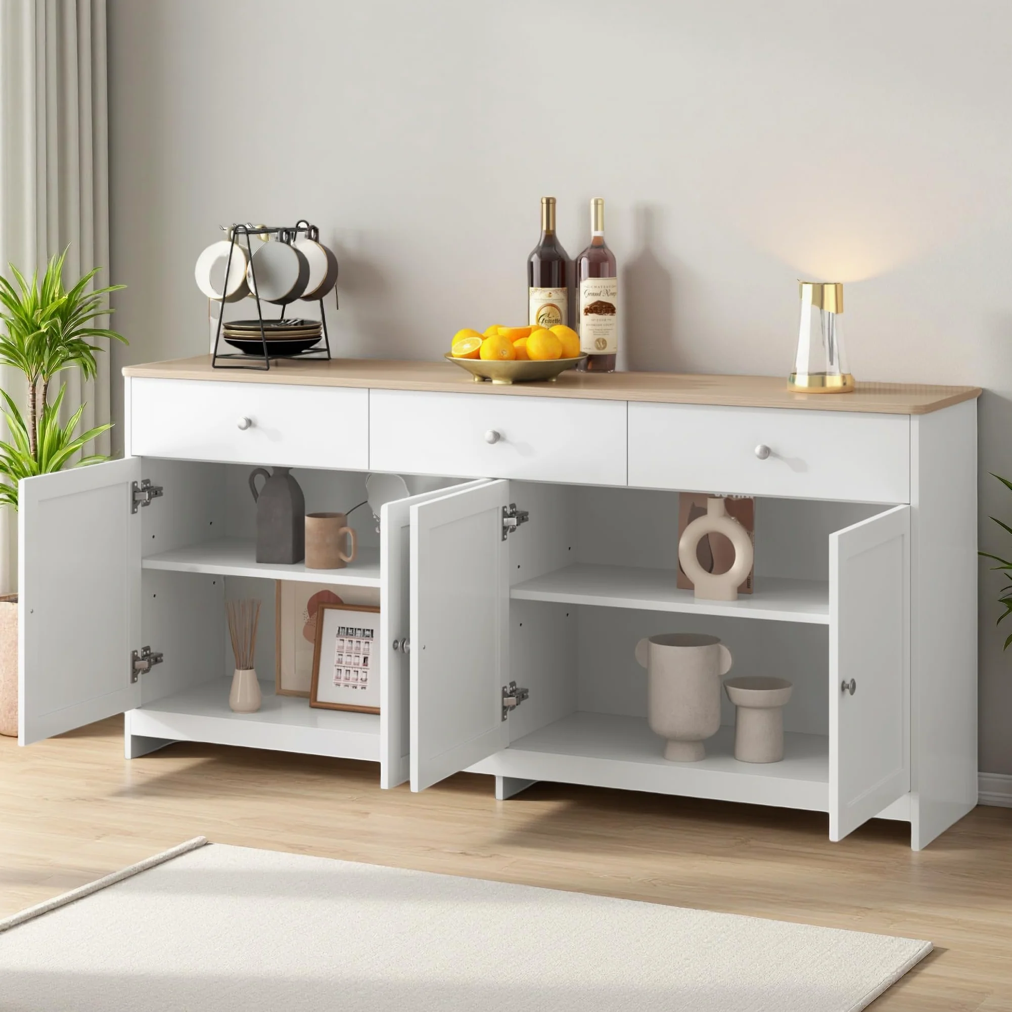 Credenza, cassettiera con 4 ante e 3 cassetti, credenza con ripiani regolabili, armadietto a buffet, per soggiorno, sala da pranzo, cucina, corridoio, natura e bianco (bianco, 160 x 37 x 75)