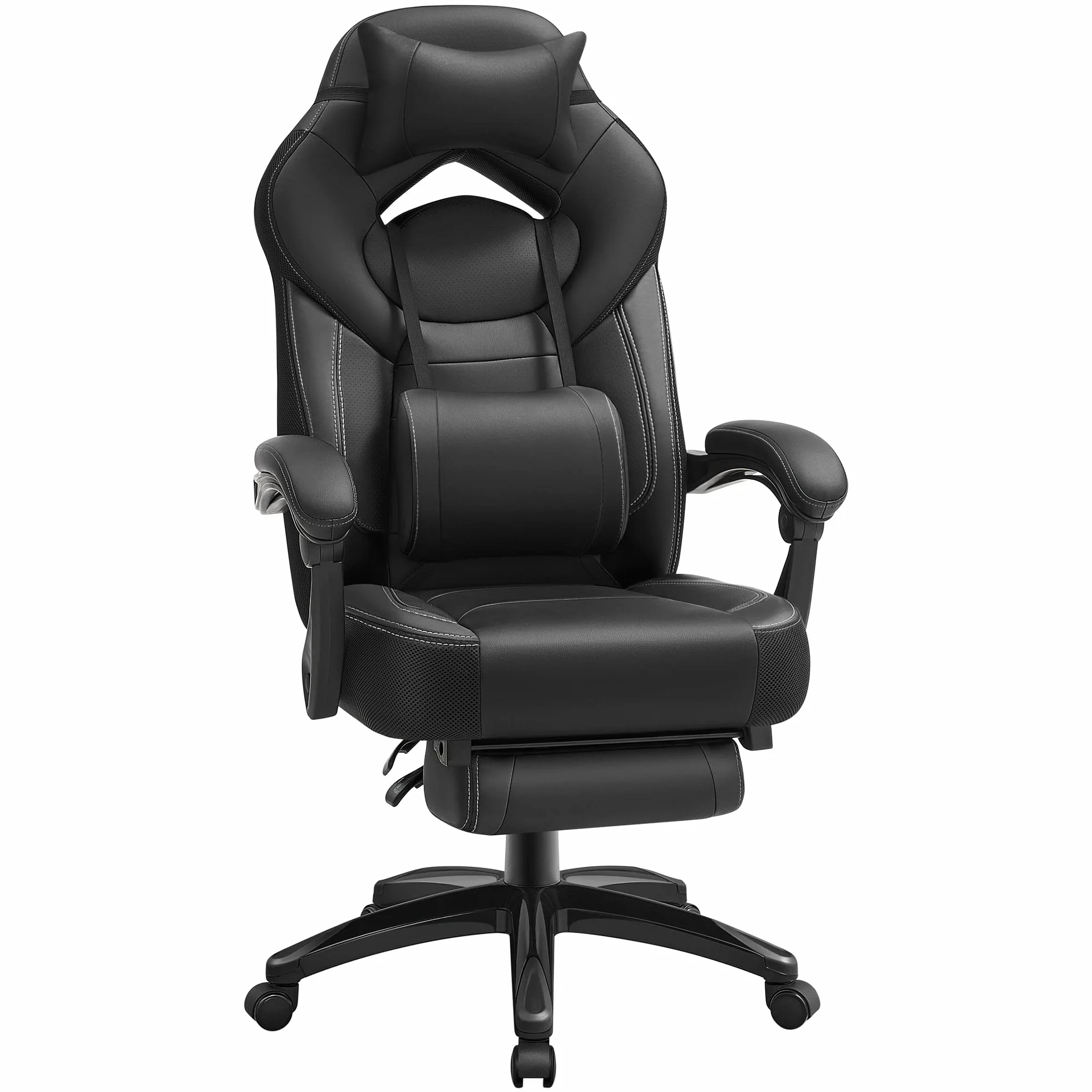 SONGMICS Sedia Gaming, Sedia Ufficio Scrivania, Ergonomico, con Poggiapiedi, Poggiatesta Regolabile, Cuscino Lombare, Portata 150 kg, Nero OBG077B01
