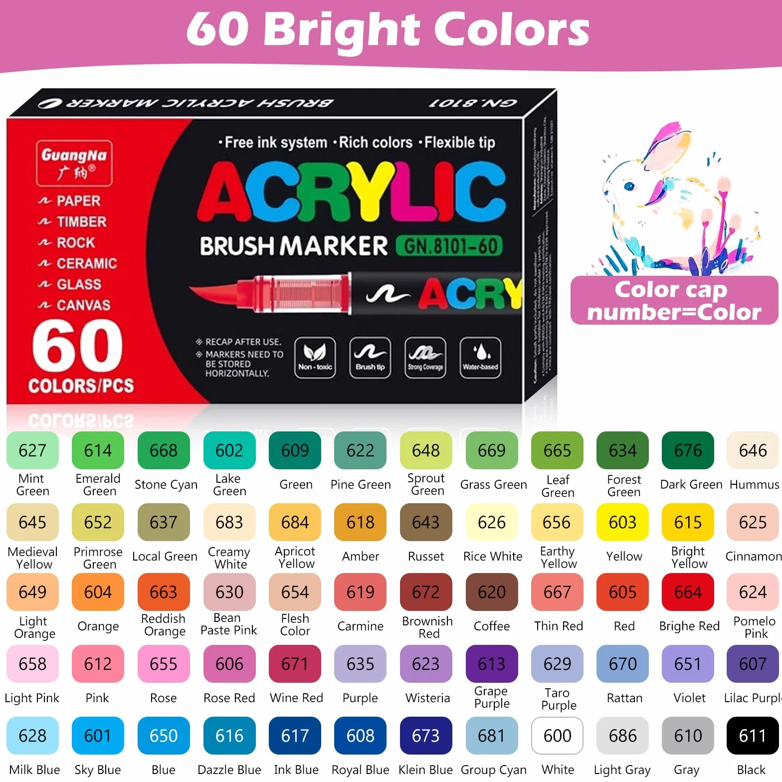VAKKI Pennarelli Acrilici 60 Colori Acrylic Marker Brush Pen per Dipingere Sassi Tessuti Metallo Vetro Legno Tela Ceramica Plastic