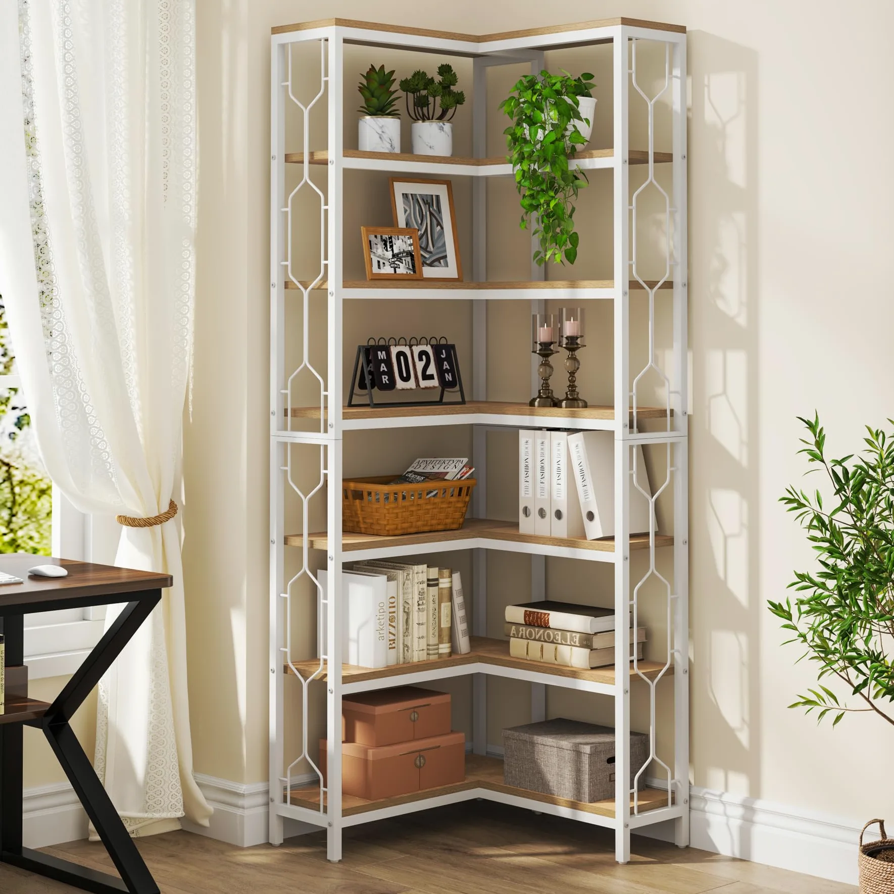 Tribesigns Etagere - Scaffale angolare industriale a 7 ripiani, in legno e metallo, scaffale autoportante per soggiorno, cucina, casa, ufficio, bianco e naturale
