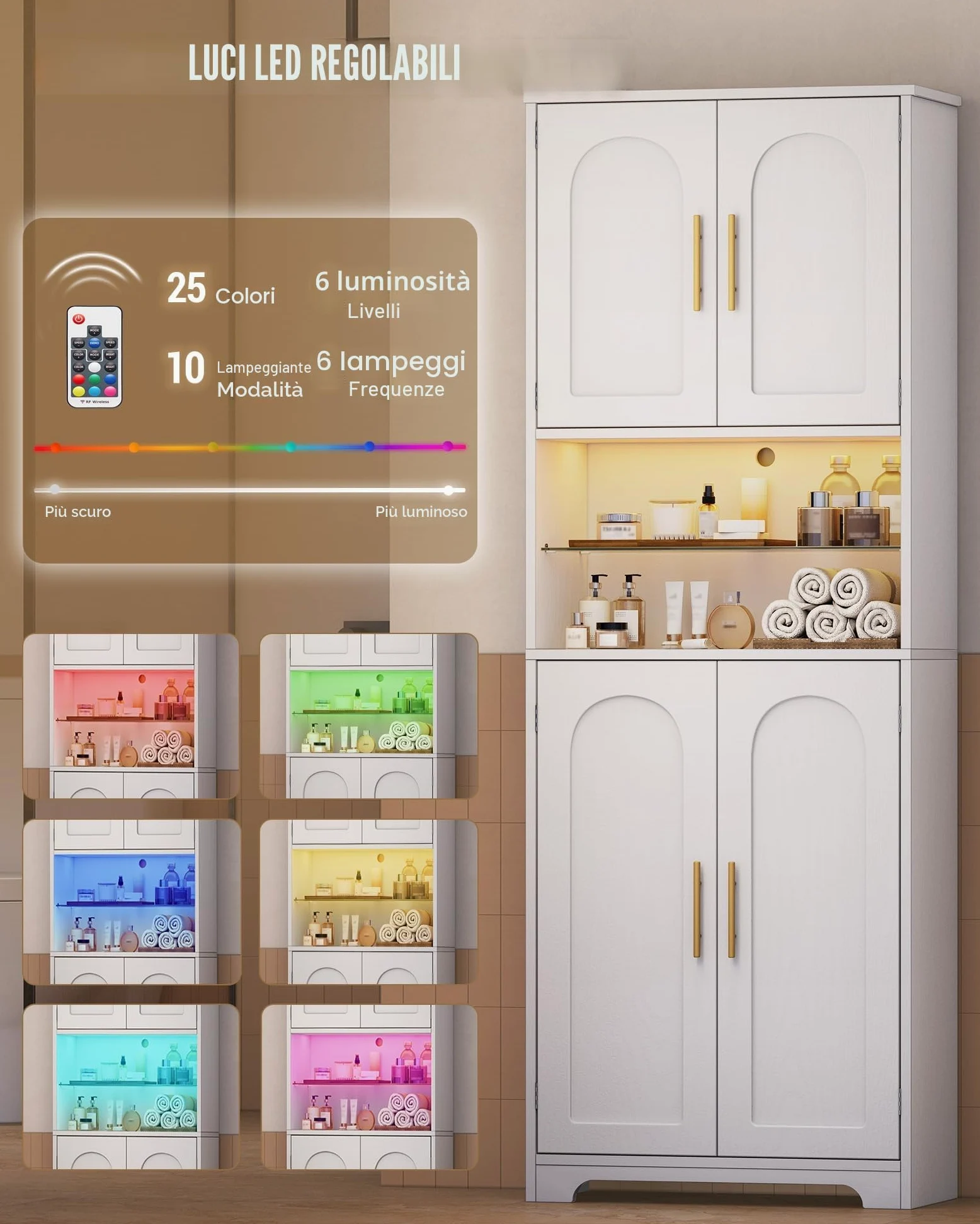 Hzuaneri Mobile Bagno con Luci LED, 4 Ante, mobiletto bagno salvaspazio, mobile alto con spazio aperto, ripiani regolabili, soggiorno, bagno, 30 x 60 x 170 cm, Bianco SC68213X