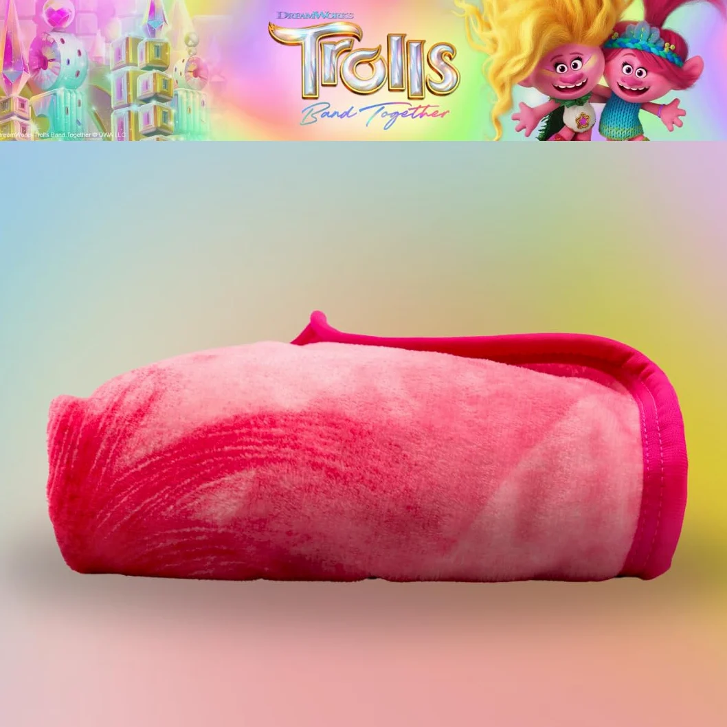 Franco DreamWorks - Coperta per bambini con 3 bande di film Trolls in seta super morbida, 101,6 x 127 cm, prodotto con licenza ufficiale