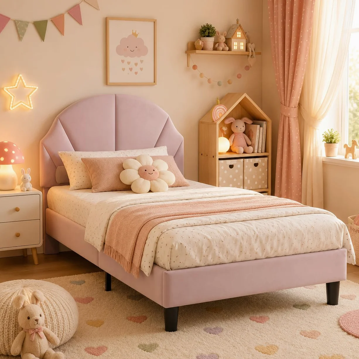 Letto singolo 90 x 200 cm, letto per bambini imbottito con rete a doghe per bambina, letto giovane imbottito con testiera regolabile per cameretta dei bambini, senza materasso