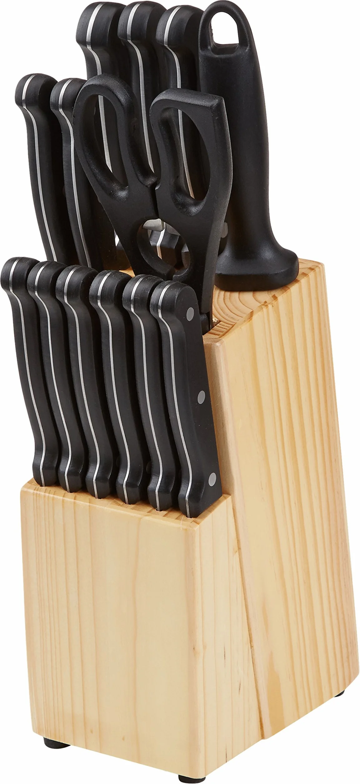 Amazon Basics Set di 14 Coltelli con Ceppo, Nero