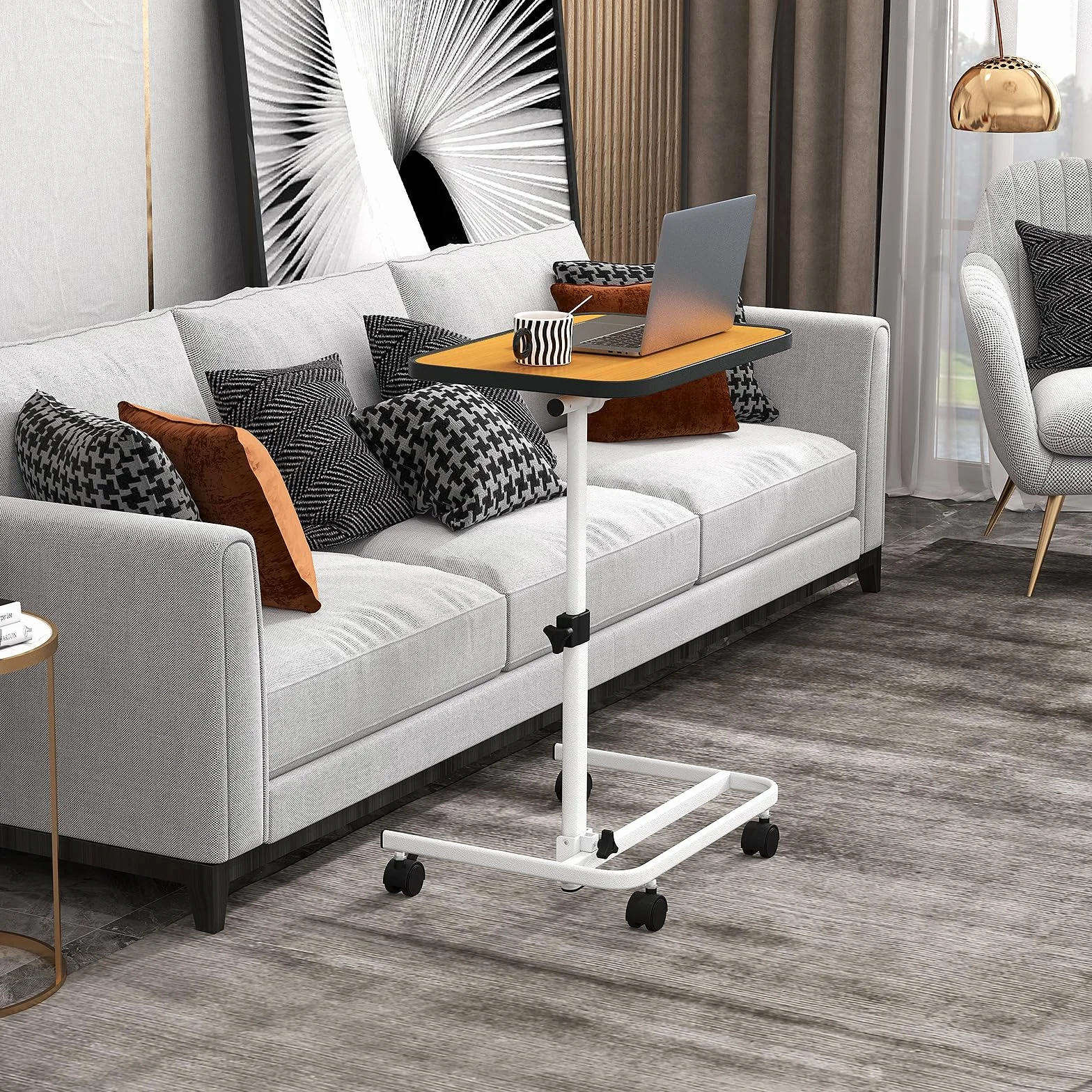 COSTWAY Tavolino da Letto e Divano con Ruote Bloccabili, Tavolino Porta PC con Altezza Regolabile in 9 Posizioni e Piano Inclinabile, Tavolino Servitore Letto per Mangiare e Lavorare (Legno)