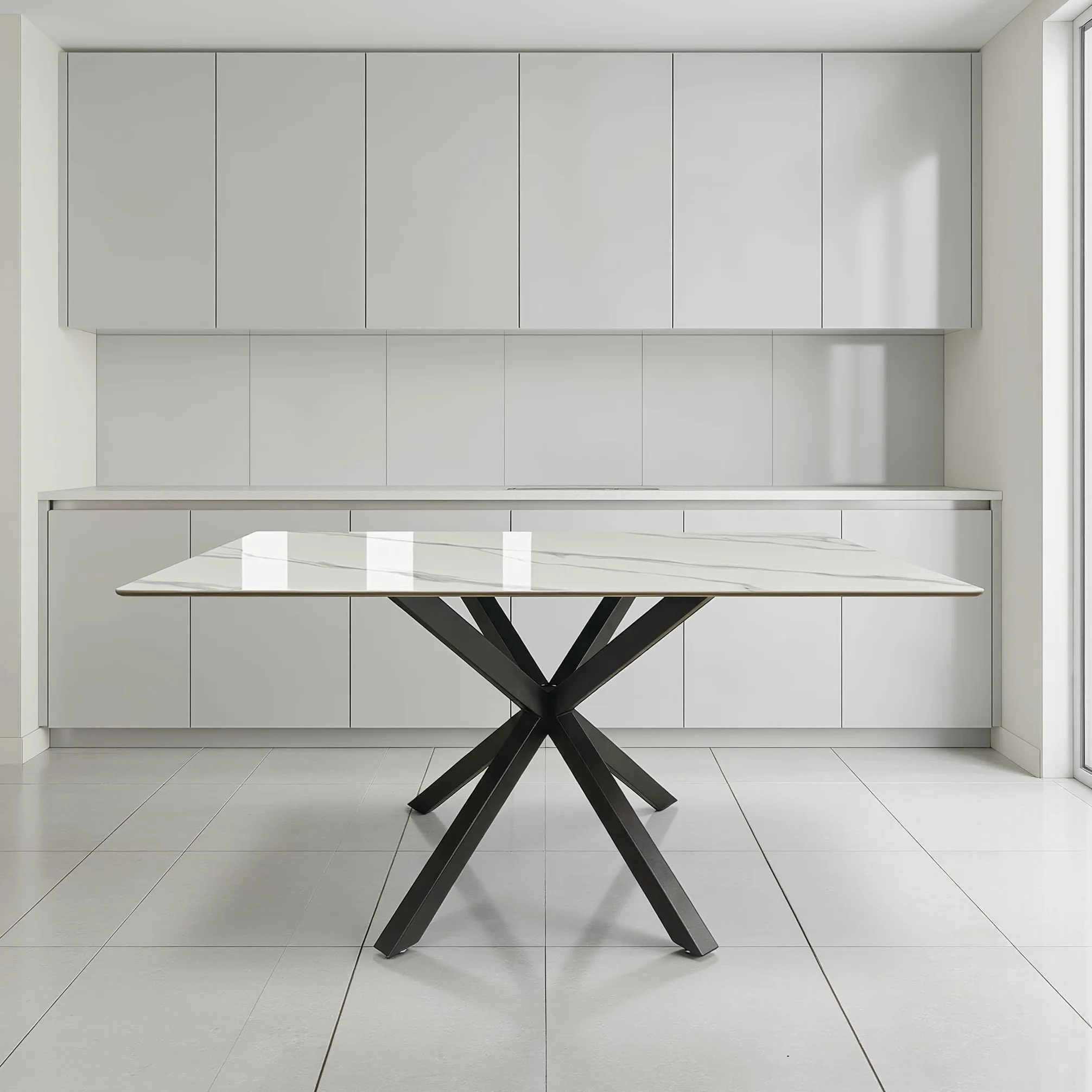 Tavolo da Pranzo in Ceramica Gres Porcellanato 150x90 cm – Piano Lucido Antigraffio Antimacchia – Gambe Incrociate Ferro Verniciato Nero – Finitura Pandora o Calacatta Bianco Marmo