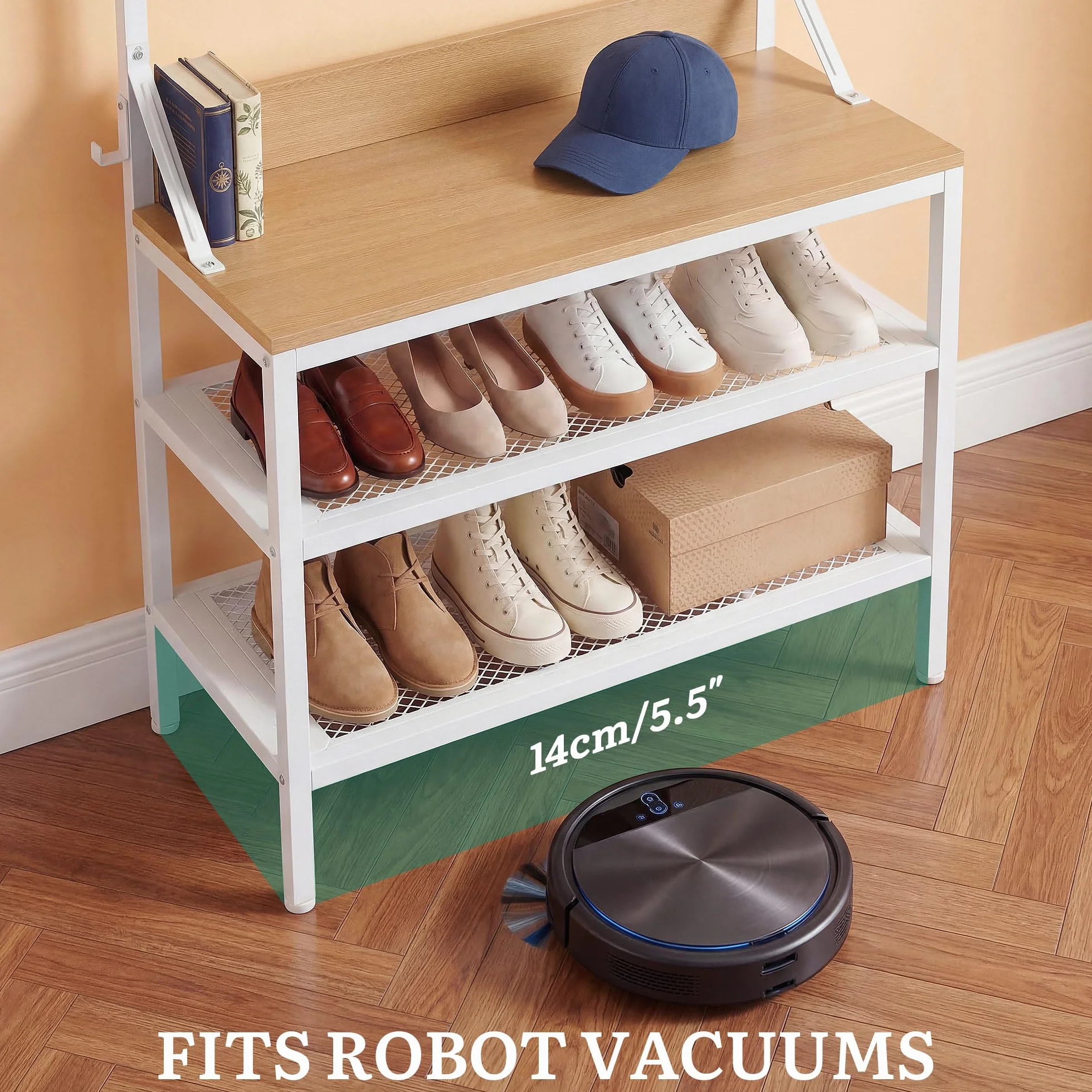 YITAHOME Appendiabiti a 2 ripiani, con porta scarpe, stand appendiabiti, industriale, con 9 ganci per corridoio, soggiorno, camera da letto, telaio in metallo