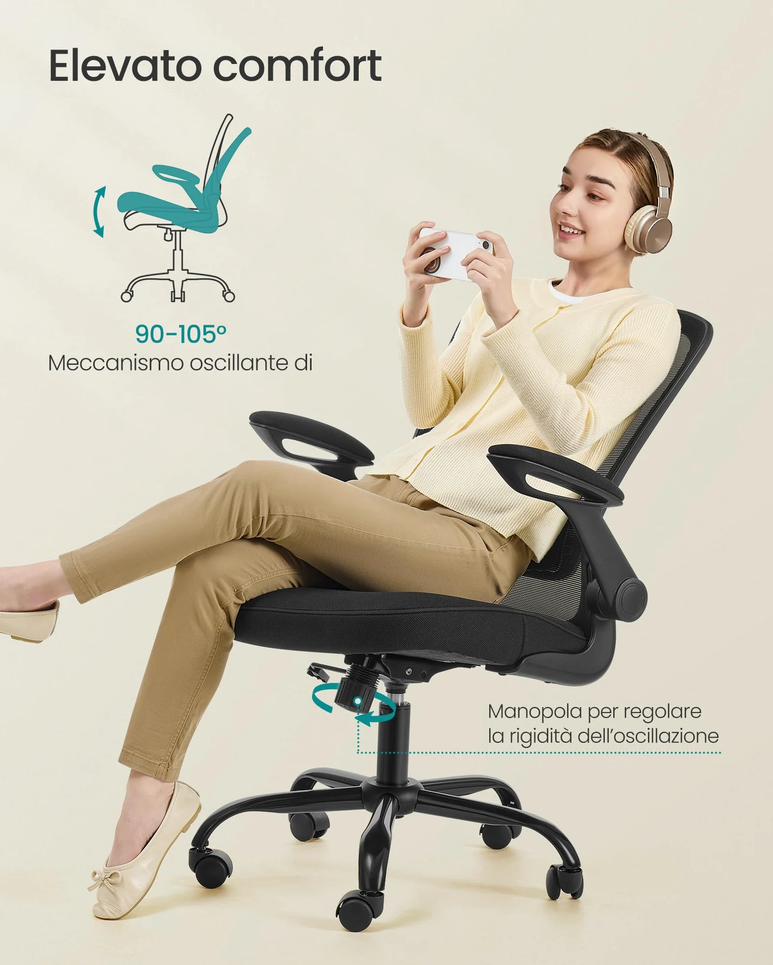 SONGMICS Sedia da Ufficio Girevole, Sedia di Rete da Computer Ergonomica, Supporto Lombare, Oscillante, Seduta 53 cm, Braccioli Pieghevoli, Nero OBN37BK