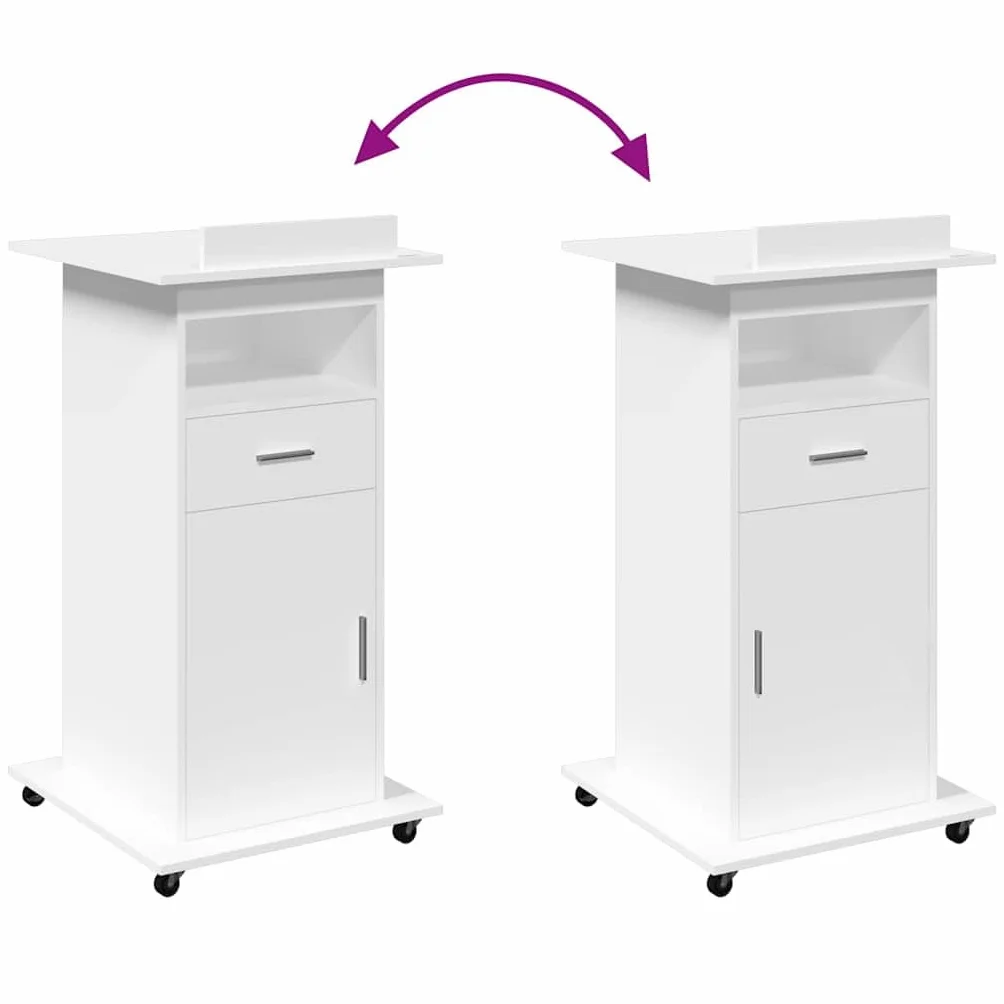 vidaXL Leggio con Ruote e Cassetto Bianco 55x55x107 cm in Multistrato, podio, postazione relatori, banco da pavimento, pedana, pulpito