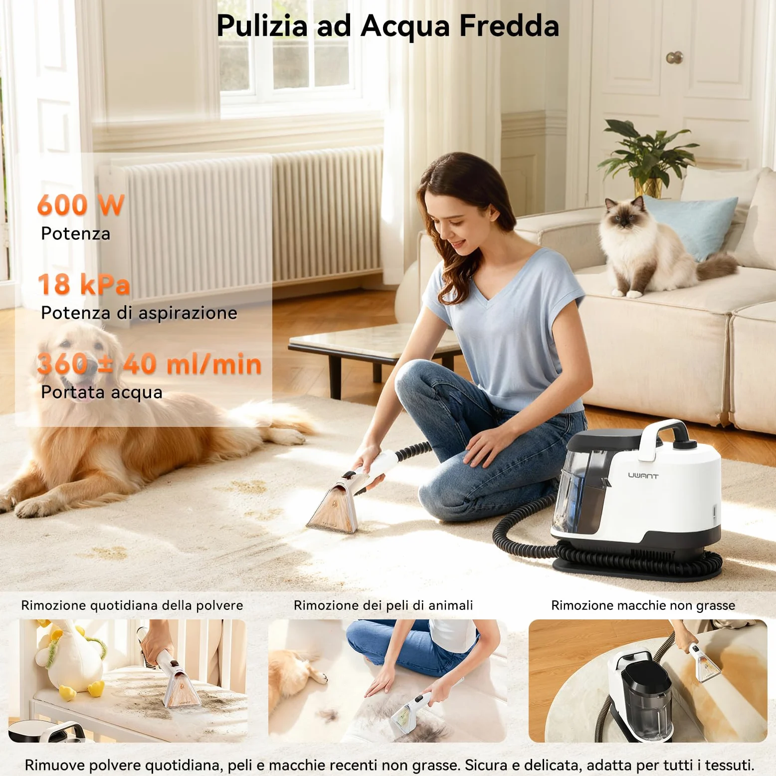 Uwant Lavatappeti Lava e Asciuga a Vapore Y100S 1750W 18KPa, 3in1 Fredda/65℃ Calda/100℃ Vapore, Spazzole multiple Lava Divani/Tappeti/Auto/Cucina, 2.4L Serbatoio Auto-pulizia Portatile Lavatessuti