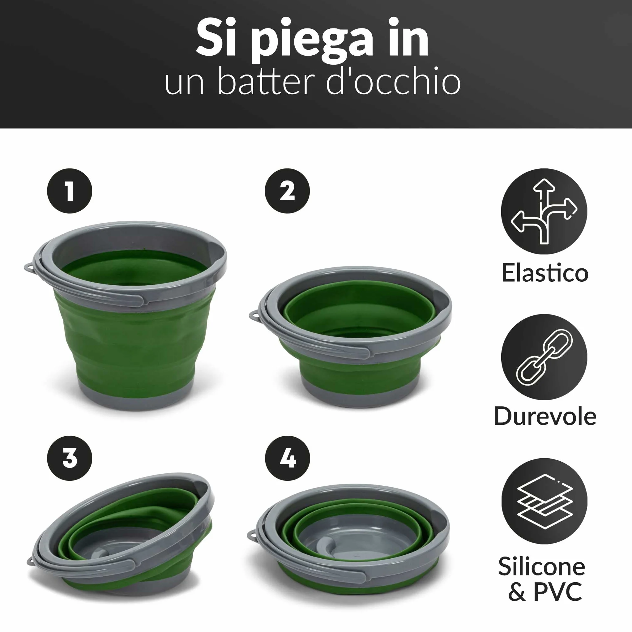 Secchio Pieghevole 5 Litri con Coperchio e Manico | Secchio 5l in Plastica e Silicone per Campeggio, Pesca, Pulizia, ecc. | Richiudibile & Salvaspazio