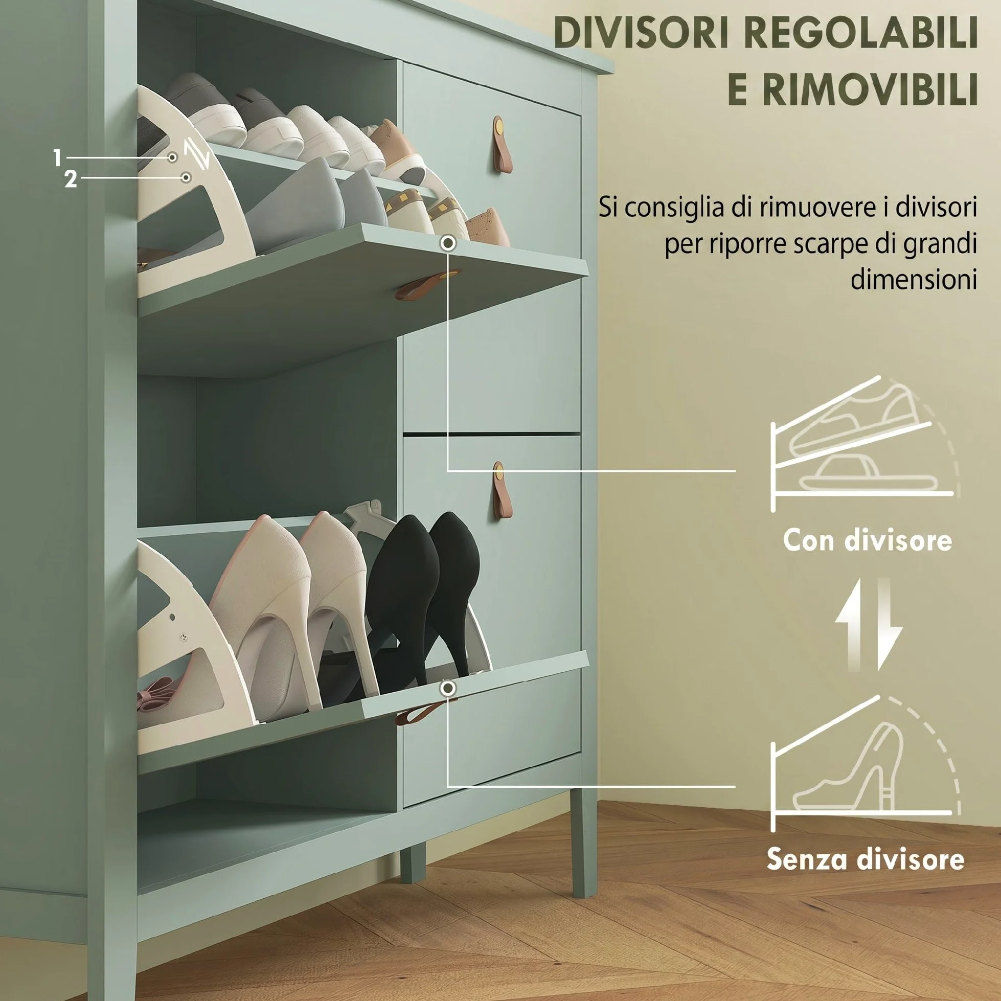 HOMCOM Scarpiera Salvaspazio Slim con 4 Ante a Ribalta, Scarpiera Ingresso con Ripiani Regolabili, Piano Superiore e Base Rialzata, Porta Scarpe per 20 Paia in Legno con Maniglia, 105x24x95.5cm, Verde