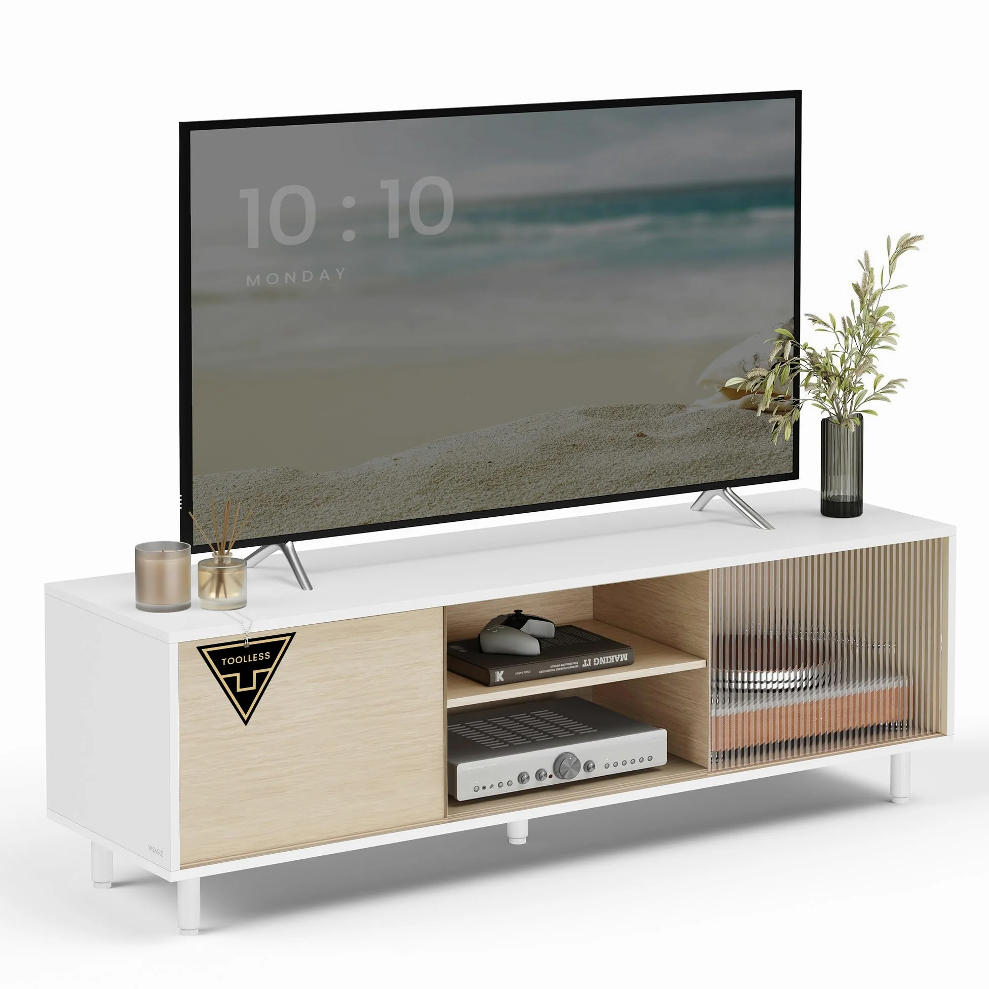 VASAGLE Mobile TV per Televisore fino a 32/45/50/55/60 Pollici, Montaggio Rapido Senza Attrezzi Toolless, per Soggiorno, Vetro Scanalato, Moderno, 140 x 39 x 45 cm, Bianco LTV466W01