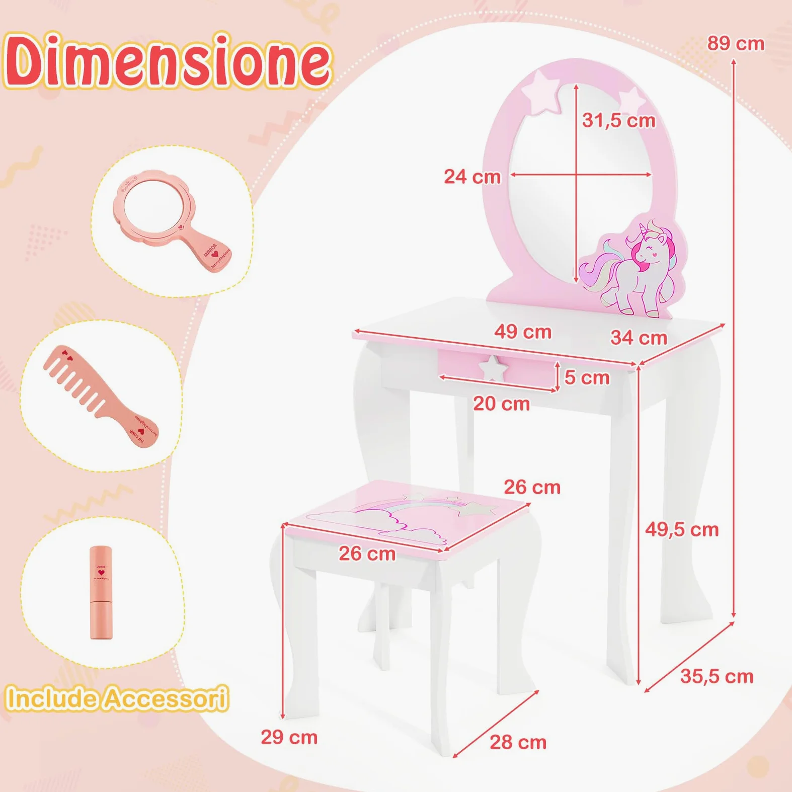 COSTWAY Set Toeletta per Ragazza, Toeletta Trucco per Bambini con Sgabello, Specchio Staccabile e Cassetto, Postazione Trucco in Legno per Cameretta 49.5 x 35.5 x 89cm (Bianco)