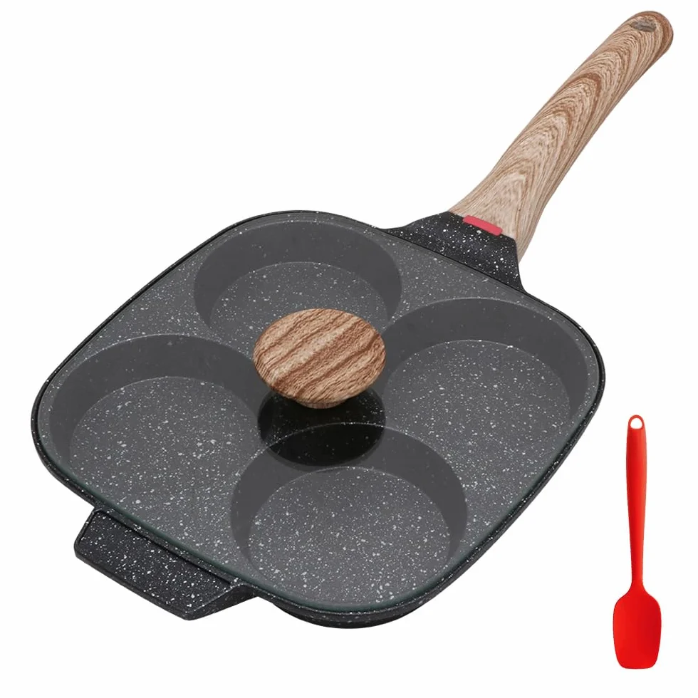 Pankache Padella, Padella Pancake con Coperchio Antiaderente Padella per Frittata a 4 Fori in Alluminio Per Colazione Hamburger Uova Fritte, per Induzione e Gas (Nero)