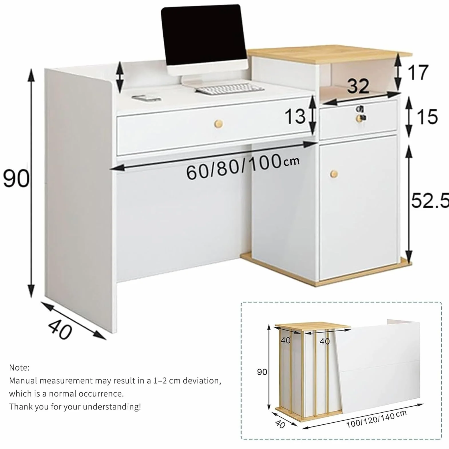 Scrivania per reception da 140 cm, con cassetti e ripiano anteriore, postazione di lavoro per computer, per hotel, negozi al dettaglio, saloni e aziende