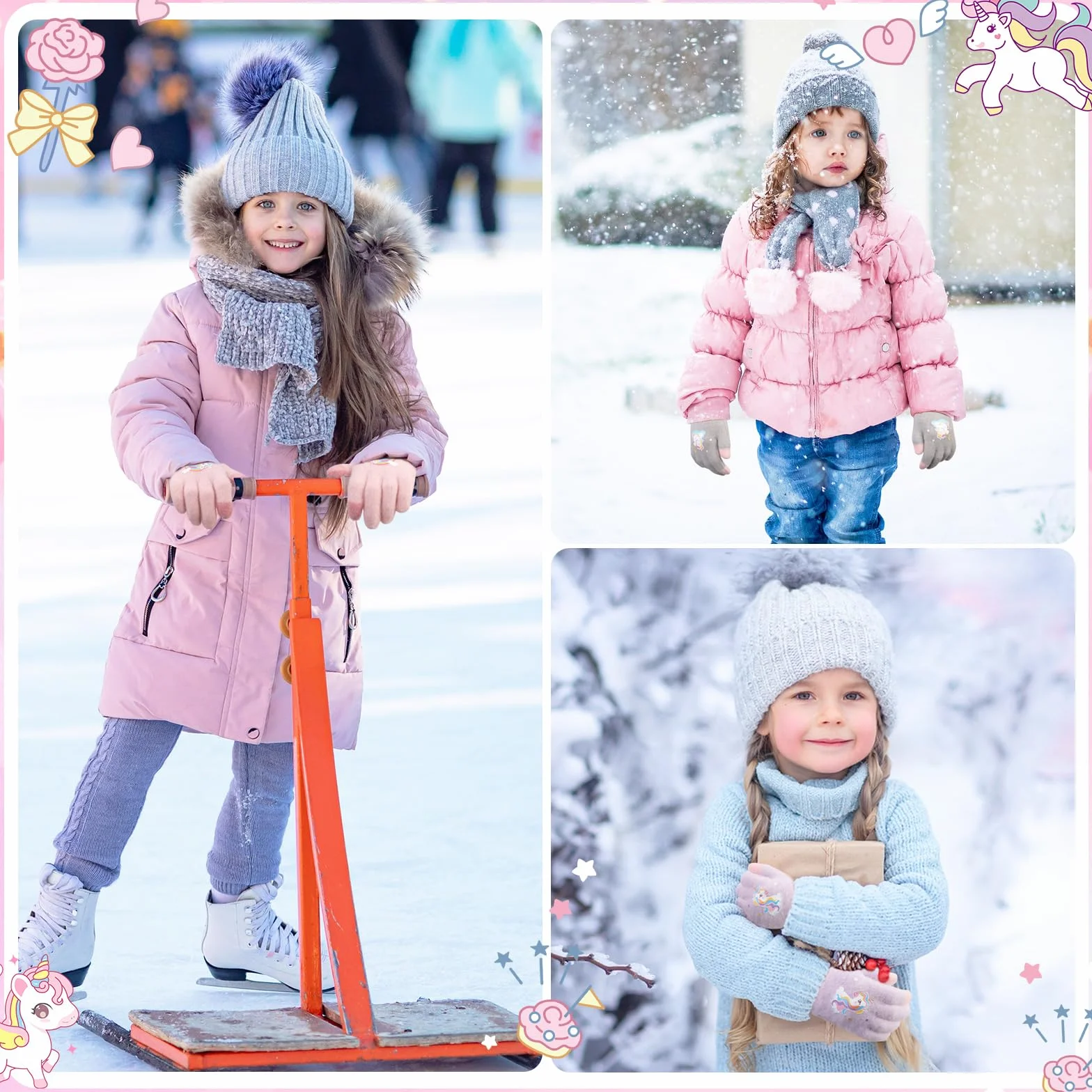 Guanti caldi in maglia per bambini, morbidi guanti termici elasticizzati invernali, muffole a dita intere con unicorno