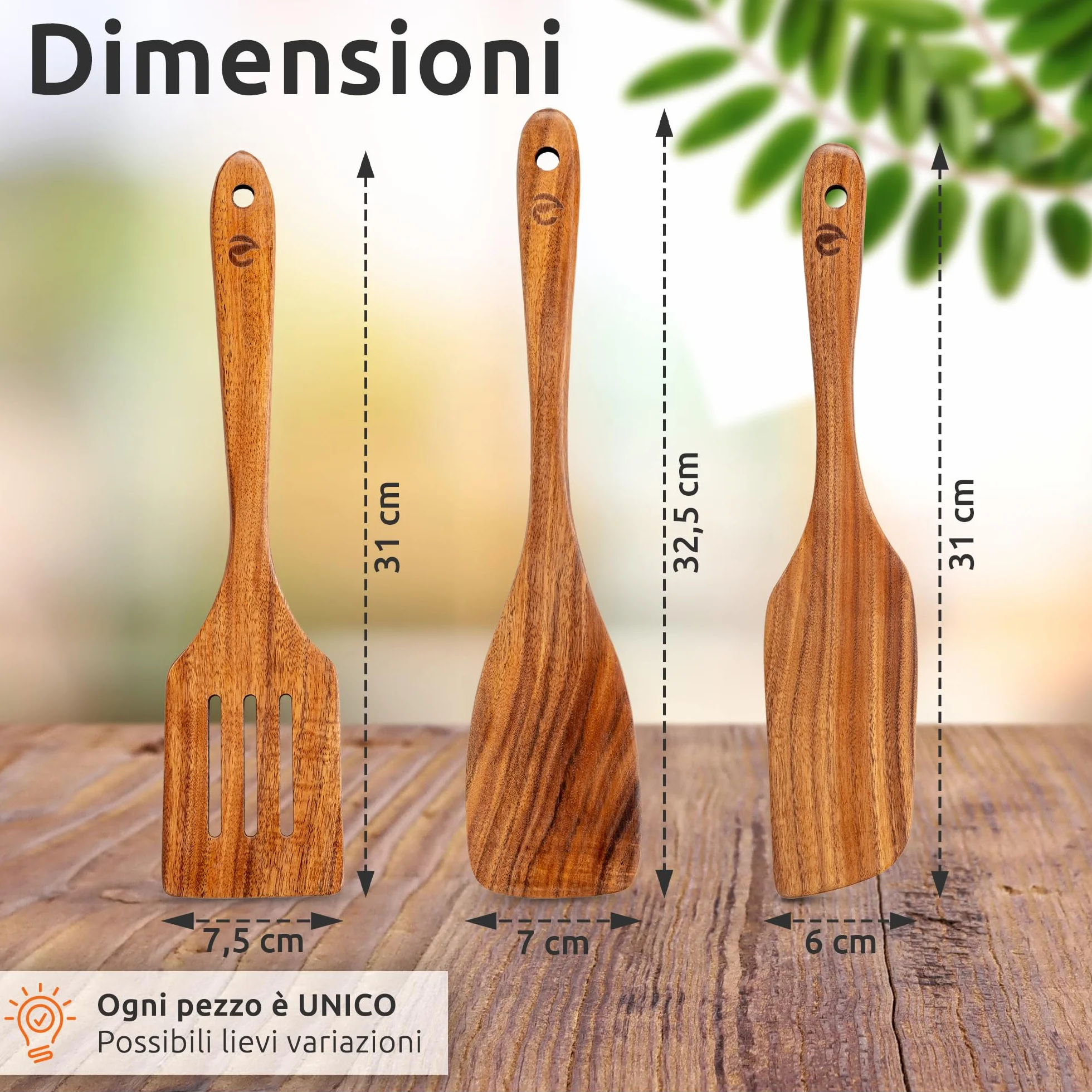 ECENCE Set di Spatole in Legno di Acacia 3 Pezzi - Resistenti al Calore per Padelle Antiaderenti