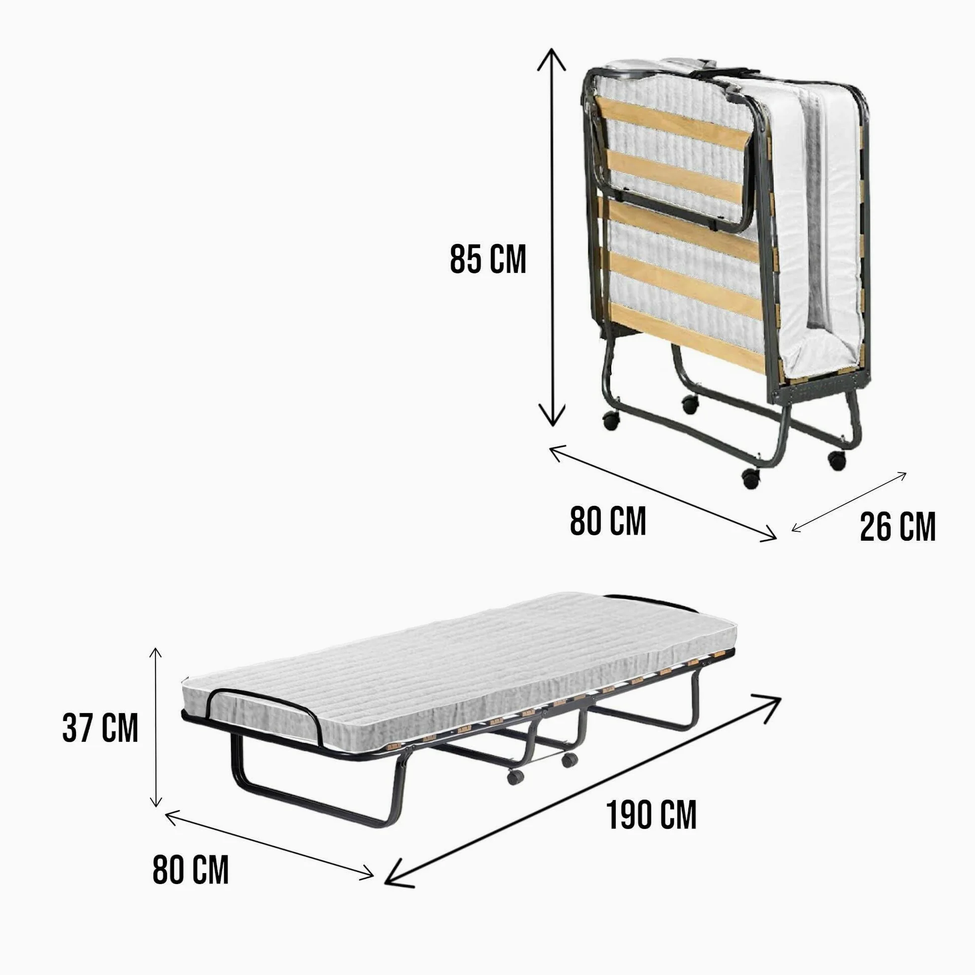 Talamo Italia Letto Pieghevole Deva, Brandina con Rete 12 doghe, Materasso Incluso, Lettino salvaspazio, 100% Made in Italy, 80x190h37 cm, Custodia Protettiva su Richiesta, Bianco, 190 cm