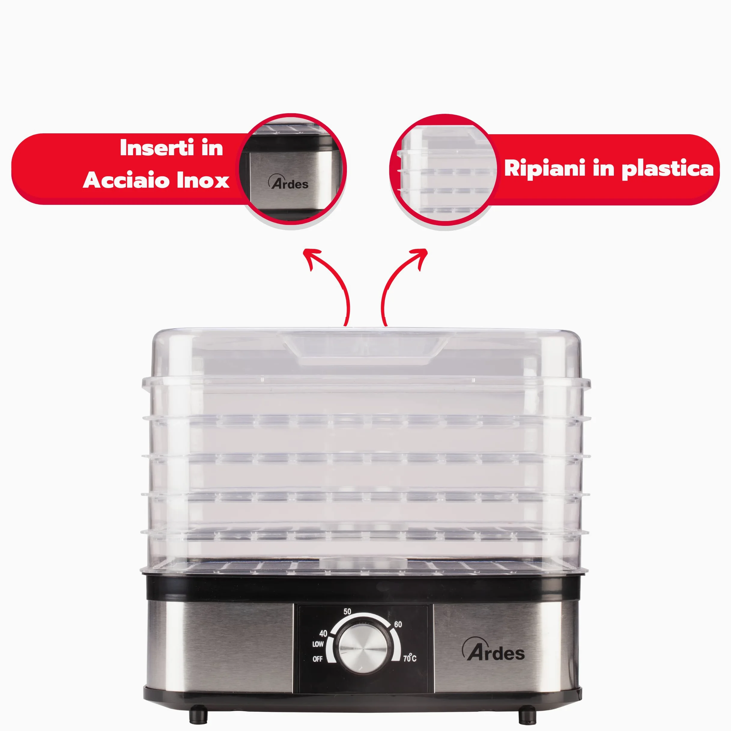 ARDES | AR1K15 Essiccatore Alimentare per Frutta Verdura Funghi Disidratazione Rapida - 5 Ripiani Lavabili, Temperatura Regolabile, 245 W, Plastica
