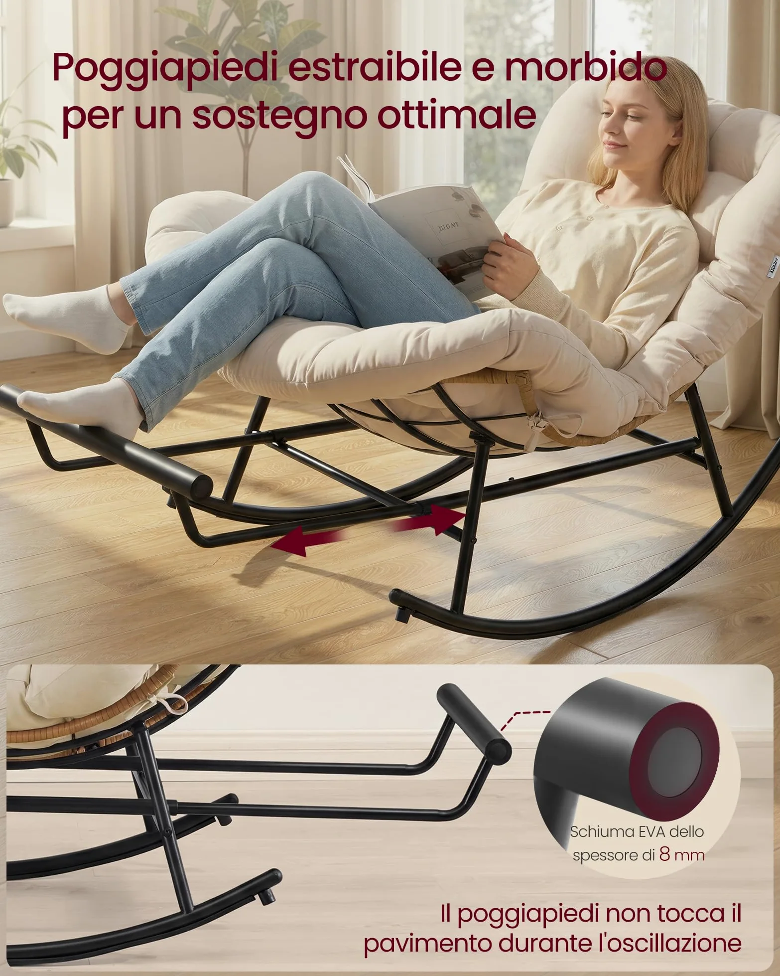 VASAGLE Sedia a Dondolo, Poltrona a Dondolo, Struttura in Acciaio, Poggiapiedi Estraibile, Cuscino Rimovibile, Portata 136 kg, Camera da Letto Soggiorno Terrazza Giardino, Beige LYY062WZ01