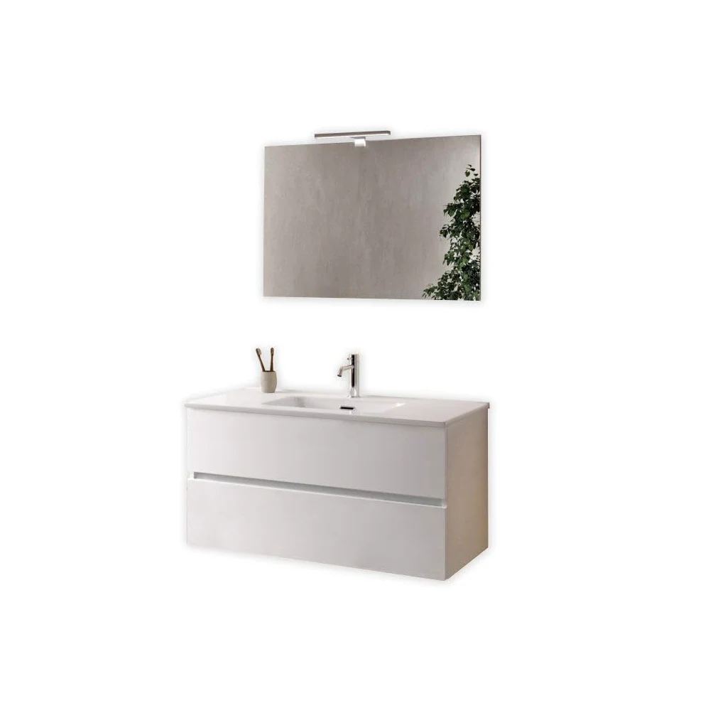 AQA DESIGN accessori casa composizione bagno, nr2 cassetti con scorrimento e chiusura soft close, maniglia a gola in melaminico, nr1 lampada led a - Bianco - 101x46,5x190 cm