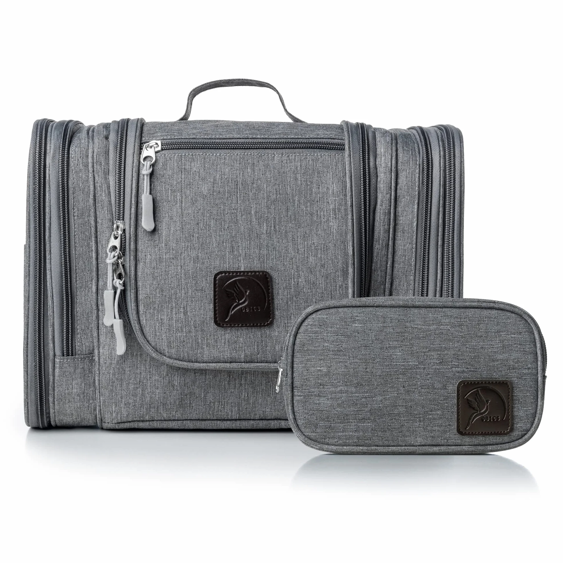 Obics® Beauty case da viaggio per uomo e donna 8L (grande) grigio XXL - Borsa da toilette e trousse da appendere con specchio - Sacchetto per cosmetici e toiletry per viaggi, campeggio (10 scomparti)