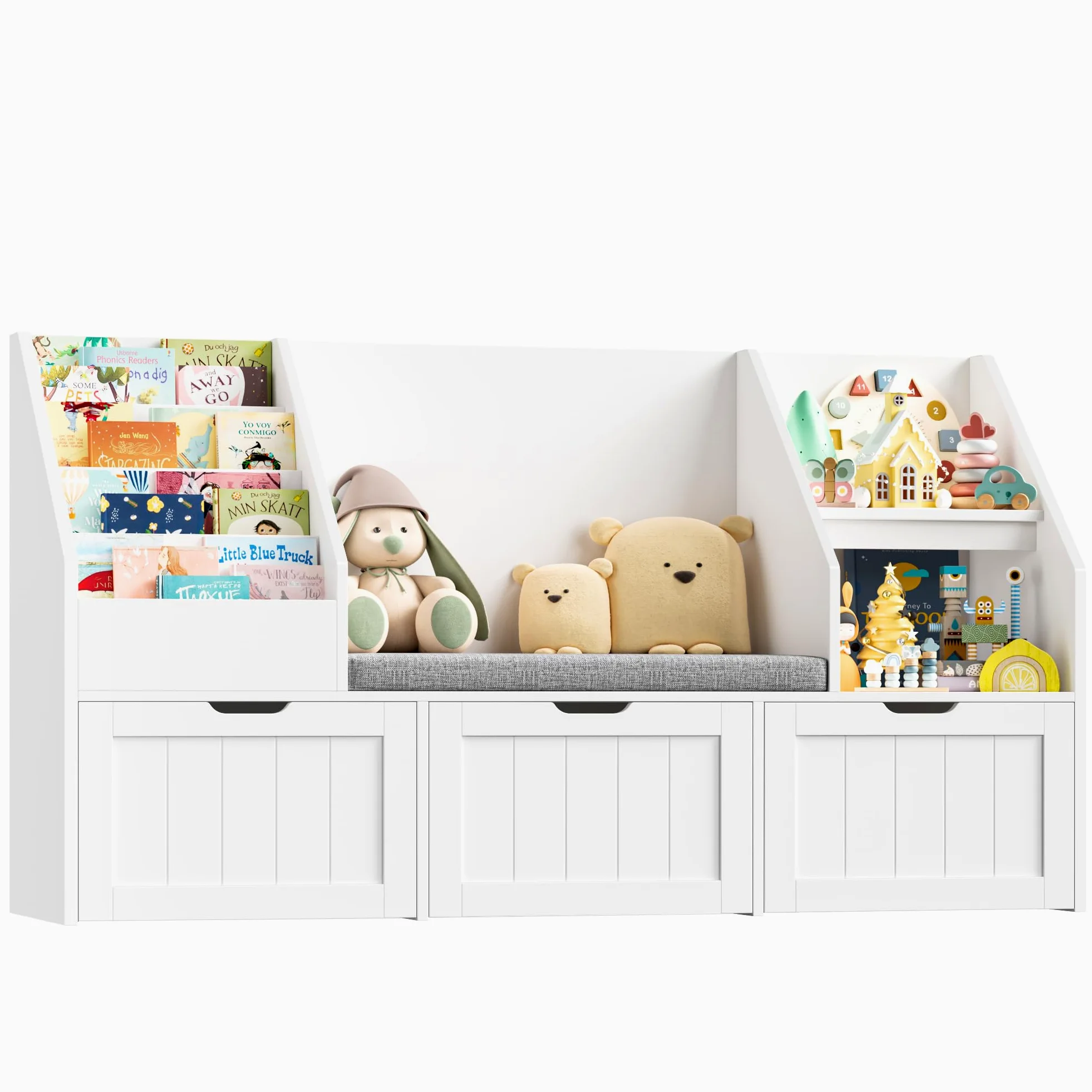 FOREHILL Libreria Montessoriana per Bambini, Porta Giochi Bambini con Cuscini, Libreria Panca a 4 Ripiani, Mobile Porta Giochi a 3 Cassetti con Ruote, per Cameretta, Studio, 140x39.5x80 cm (Bianco)